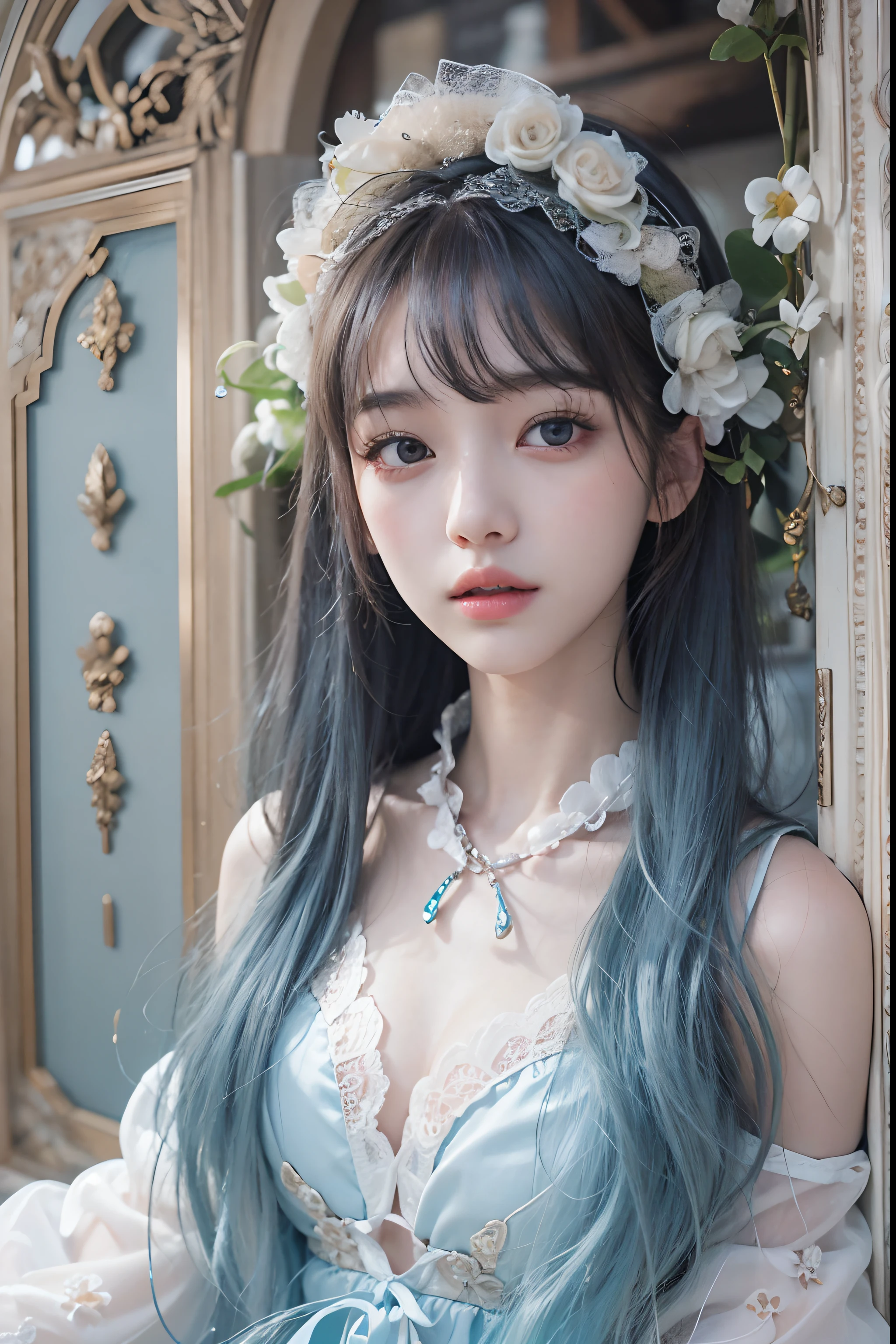 (Best Quality Detail)、realisitic、8K UHD、hight resolution、(1girl in:1.2)、The ultra-detailliert、High quality textures、intricate detailes、detaileds、Very detailed CG、High quality shadows、Detail Beautiful delicate face、Detail Beautiful delicate eyes、depth of fields、Ray traching、in her 20s、Pretty Kpop Girl、(Korean Urzan Face)、Slender face、(ulzzang -6500-v1.1:0.6)、pureerosface_v1、gloweyes、perfectbody、 look at viewr、(Best Quality Detail:1.2)、realisitic、8K UHD、hight resolution、(1girl in:1.2)、The ultra-detailliert、High quality textures、intricate detailes、detaileds、Very detailed CG、High quality shadows、Detail Beautiful delicate face、Detail Beautiful delicate eyes、depth of fields、Ray traching、in her 20s、Pretty Kpop Girl、(Korean Urzan Face)、Slender face、(ulzzang -6500-v1.1:0.6)、teak、Glossy lips、、high-level image quality, The highest image quality, top-quality, Photorealsitic, ultra-detailliert, photos realistic, 4K 8K UHD Full Color RAW Photos, Fuji Film(Medium format), Hasselblad, Carl zeiss, Incredible dynamic range photography(UTIL_Art by Smoose-768:1.1),hight resolution, High pixel count, clear details, crisp image, Natural color reproduction, Noise Reduction, High fidelity, qulity, Software Improvements, Upscaling, Optimized algorithms, Pro-level retouching, (Jewelry Accessories)、(Brown-eyed)、(Light blue hair), (long)、(Layered Hair Style), Description beautiful delicate hair、(Black Gothic ta)、White flowers bloom all over the wall、
