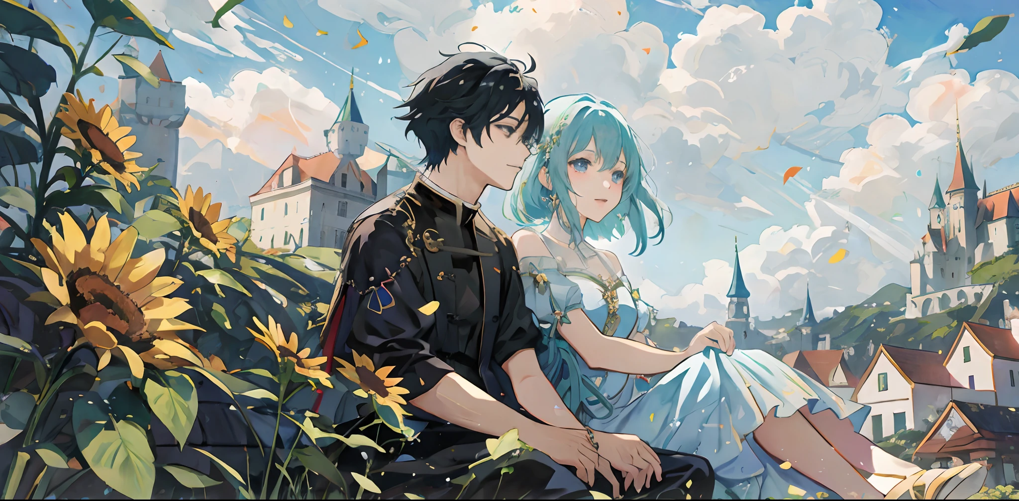 Casal de anime sentado em um banco em frente a um castelo, anime em estilo fantasia, anime de fantasia bonito, estilo anime 4K, Estilo de arte anime bonito, Anime bonito, fanart oficial, Sakimichan e Frank Franzzeta, rob rey and kentarõ miura, illustration Anime style, arte oficial do anime, Arte Oficial, Estilo anime bonito
