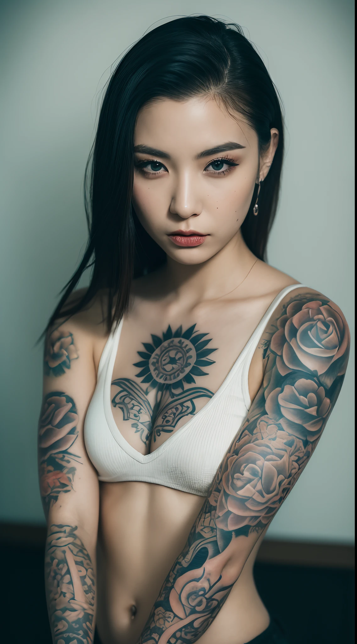 Portrait photography in Los Angeles、Woman with tattoos all over her body、An ultra-high picture quality、Japan tattoo、An ultra-high picture quality、8K、16 K、RAW image quality、Tattoos on both arms and neck、