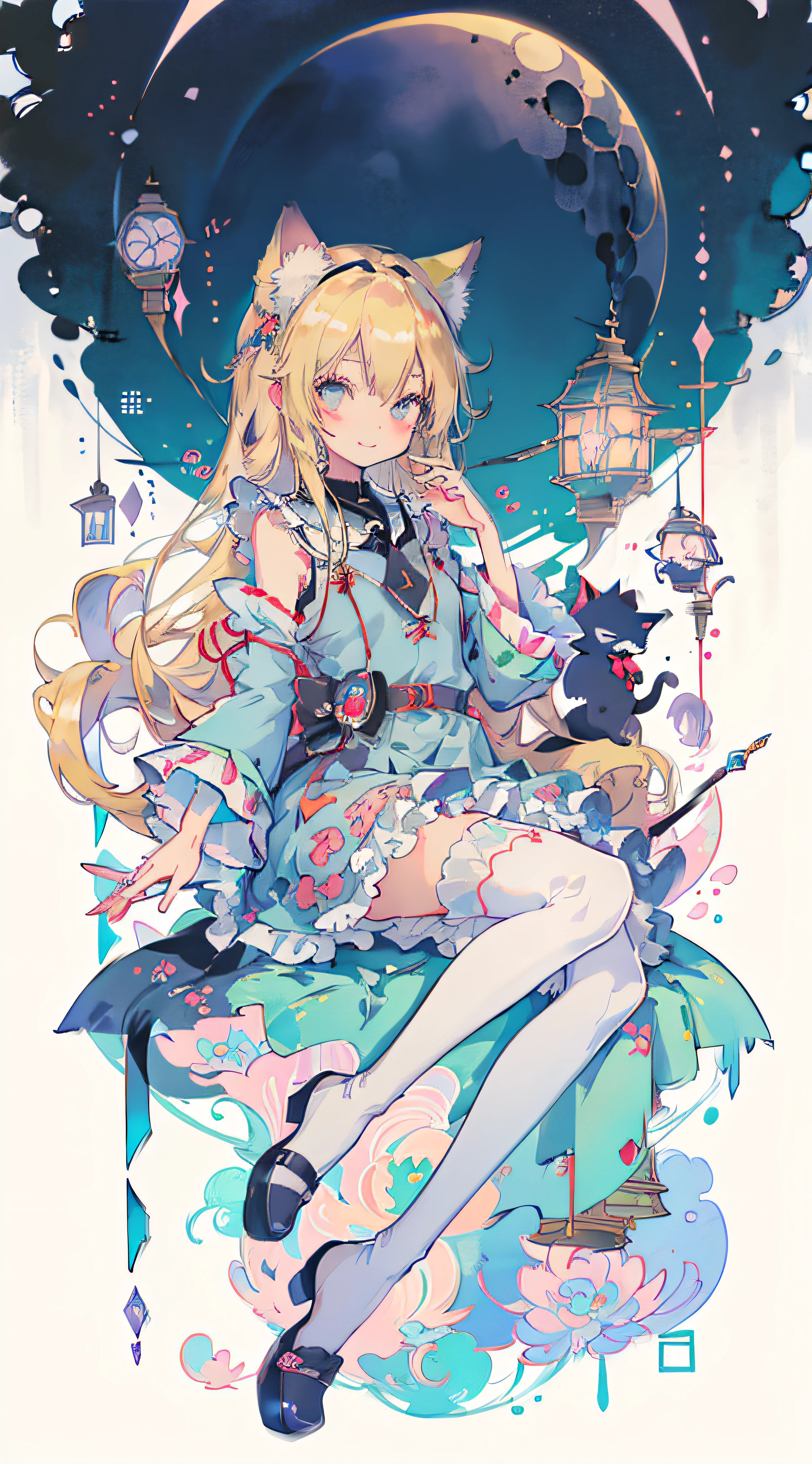 ((masutepiece, Best Quality: 1.1), ((Anime girl in blue dress with magic wand)), anime cat girl in a maid costume, Lori, ((a blond))、The long-haired、Very Beautiful Anime Cat Girl, anime catgirl, ((white knee highs)), attractive cat girl, inspired by Leiko Ikemura, aya takano color style, in ryuuou no oshigoto art style, Cat Girl, touhou character, Rei Hiroe、With a smile