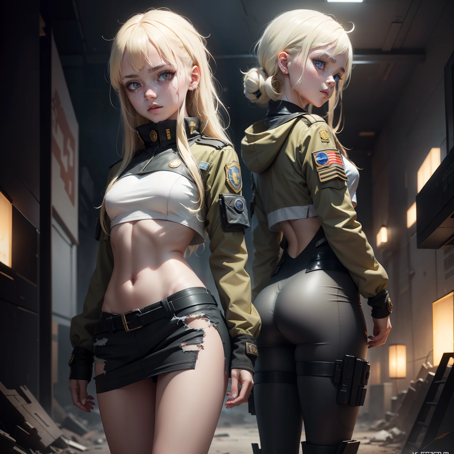 ukrainian girl , Ukrainian anime girls , , Ukraine ,  Full body composition of young girl with messy bright blonde hair, eye make up, 13 year old,  Soft lighting, Solo, Old torn dirty shabby futuristic military uniform, badges, Pose, Blotch color, Octane Render, Hyperrealistic intricate detail, Cinematic, 8K resolution, 70mm, Accent Lighting, Global Illumination, Full body portrait, clean detailed faces, intricate clothing, Cute face, flat chest, Slim waist, Slim legs, small hips,Chest exposed,