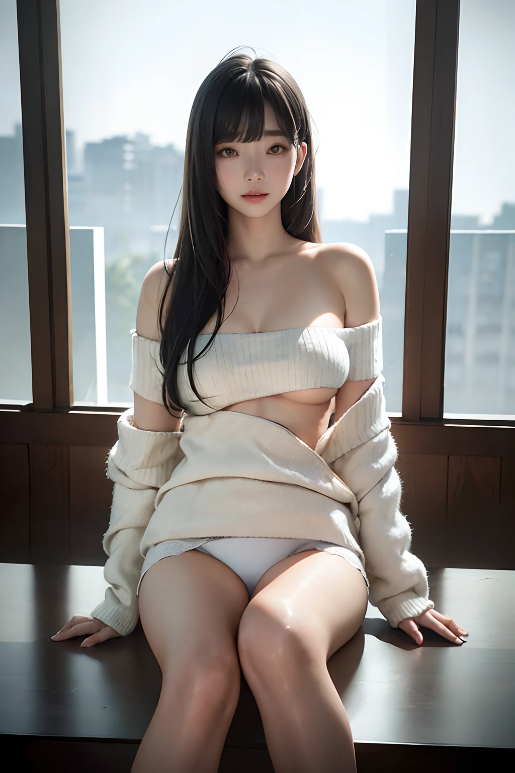 masterpiece、best qualtiy、(Dark photograph: 1.3)、Photorealsitic、1girl in、flat bangs、Stunning innocent symmetrical face、The shirt、emotional、Orchan、1 girl, Silver hair, striated hair, Bangs, Blunt bangs, Long hair, aqua eyes, makeup, Smile, Parted lips, Realism, Verism, surrealism, depth of fields, One-person viewpoint, F/1.8, 135 mm, Reflecting the whole body、canon, nffsw, retinas, masutepiece, ccurate, Anatomically correct, Textured skin, Super Detail, high details, High quality, Best Quality, hight resolution, 1080p, hard disk, 4K, 8K、Coarse short sweater、Floats off the shoulders、off shoulders、White lace panties are visible、thin and long legs、(pureerosface_v1:0.7)