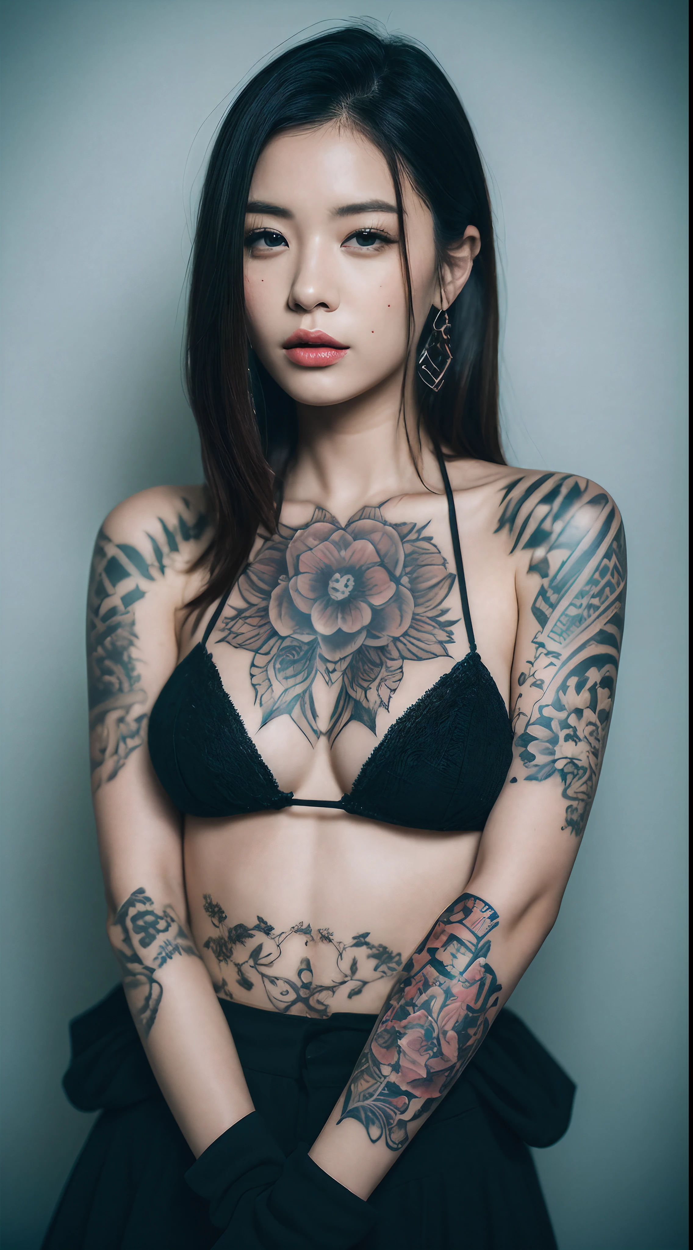 Portrait photography in Los Angeles、Woman with tattoos all over her body、An ultra-high picture quality、Japan tattoo、An ultra-high picture quality、8K、16 K、RAW image quality、Tattoos on both arms and neck、