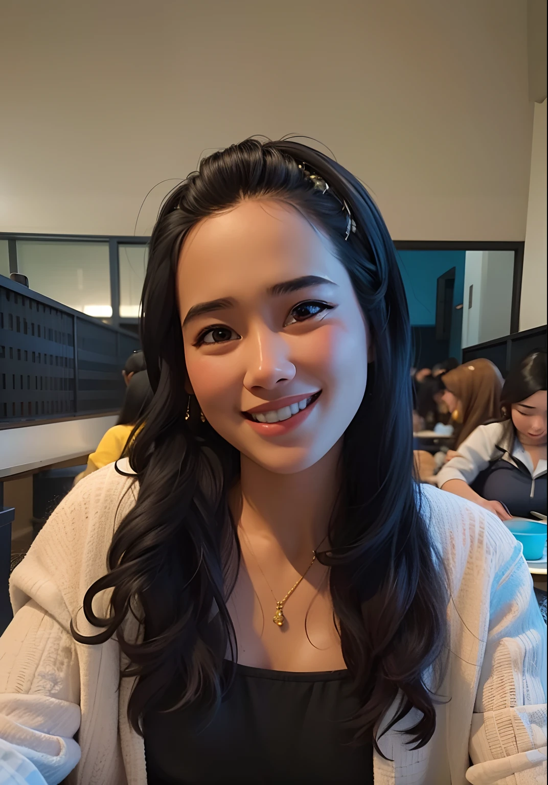 arafed woman sitting at a table with a plate of food, nivanh chanthara, cindy avelino, serena malyon, thawan duchanee, student, leaked image, faridah malik, leaked photo, picture, avatar image, she is smiling, a young asian woman, ayamin kojima, 1 8 yo, profile pic
