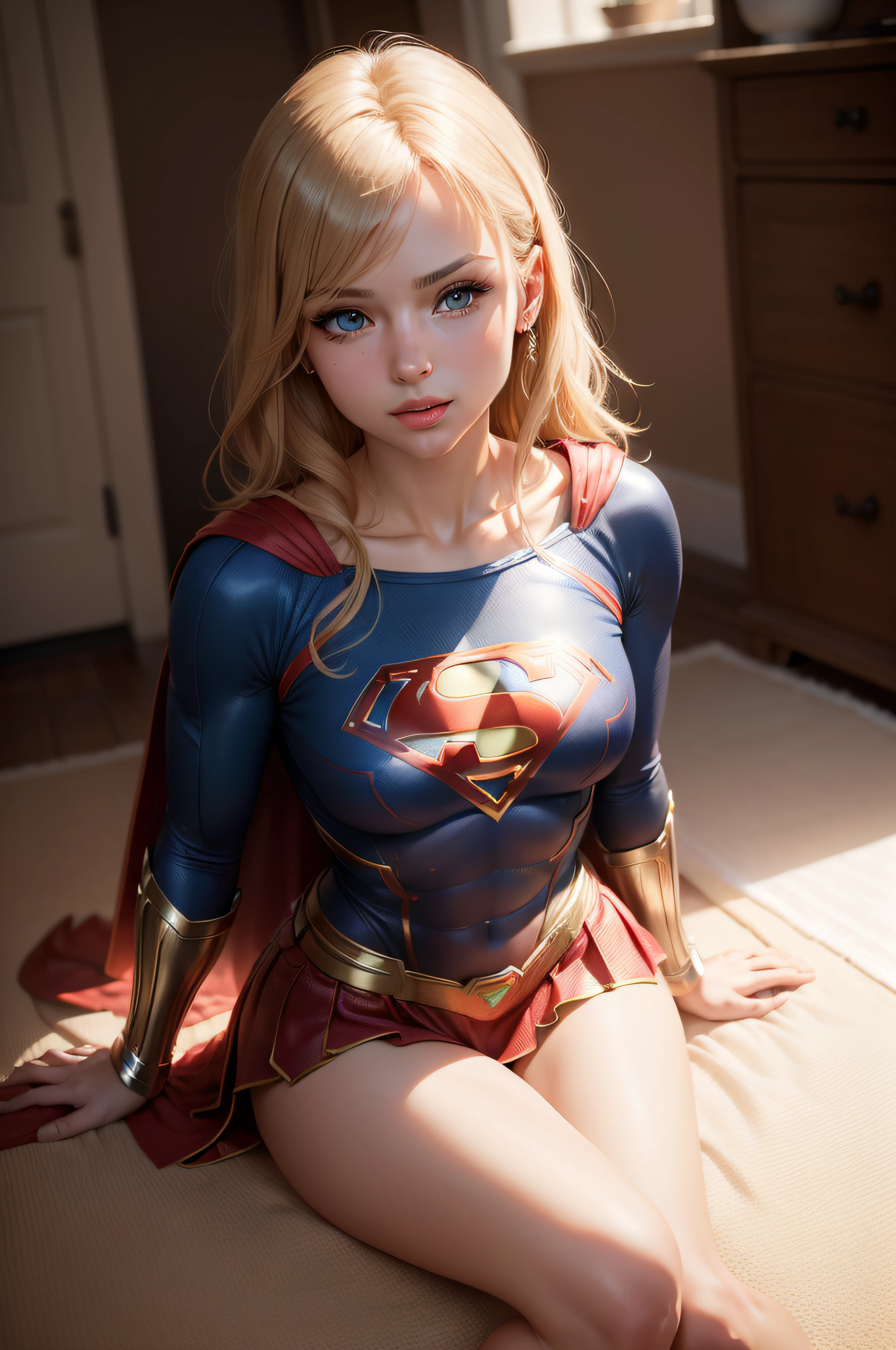 ((High resolution, best quality, absurd, masterpiece, detailed face, 4k)) Beautiful woman (26 years old), detailed face, short hair, blue eyes, defined body, wearing Supergirl cosplay, lying on the floor looking at you, Supergirl Super Heroine Mini Costume.