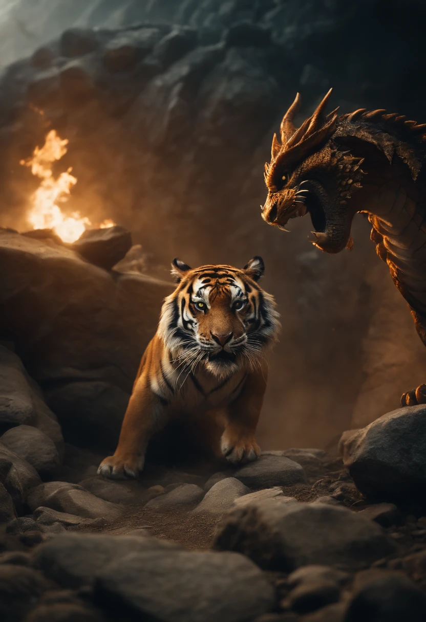 tiger fighting with a dragon in a rock pit