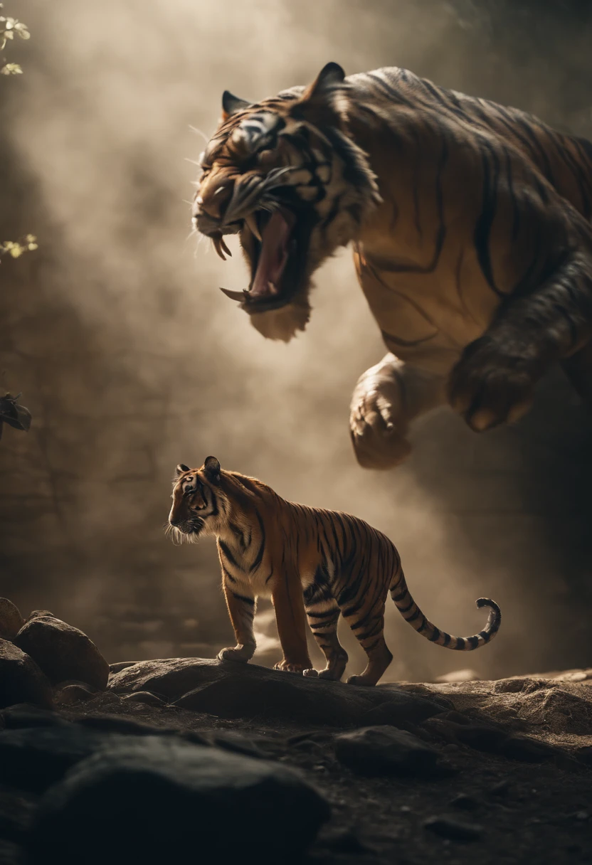 tiger fighting with a dragon in a rock pit