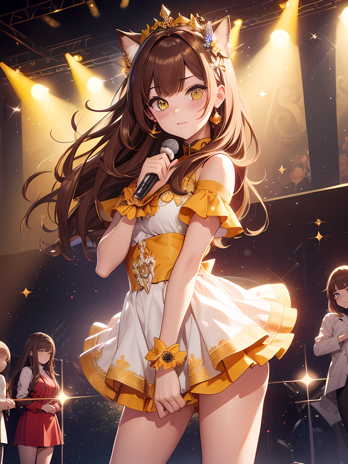 masutepiece, High resolution, 8K, anime woman, Delicate and detailed writing 、Detailed digital illustration、long hair、Shiny hair、Flat Bangs、a very beautiful woman、Eyes are double, Large, Bust is A cup、High image quality, High quality、Detailed background、(((Wearing idol clothes)))、((Glittering live stage backdrop))、The inside of the eye shines like a diamond (yellow eyes)、(brown hair)、Gradient pupil、(((2 arms、4 fingers, 1 thumb)))、Detailed female face、Very beautiful and cute woman、、细致背景、masterpiece、Soft Focus , bright happy smile face, Bright gradient watercolor , Lens Flare , (((Glitter))) , Glow , Dreamy , (((Holding a glitter microphone in your hand)))、a miniskirt、Idol、orange Ribbon、Very beautiful orange rose hair accessories. Brown and Orange costume with white as the main color、((Straight at the angle of the front))、Glitter Cat Ear Headband、(((Take an idle pose)))