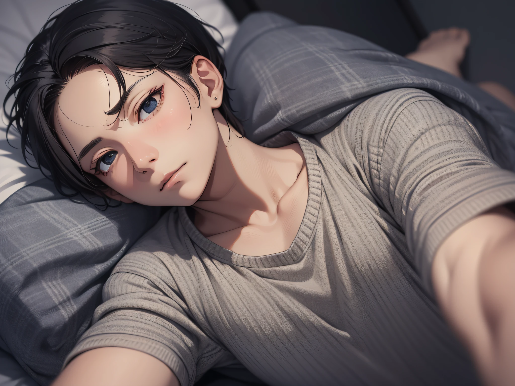 masutepiece, High quality, Best Quality, hard disk, Realistic, Perfect Lighting, Detailed face, Detailed body, 1 man, Short black hair, (Innocent expression: 1.5) (Innocent face: 1.5), Stand in your room while sleeping,Excited、I'm