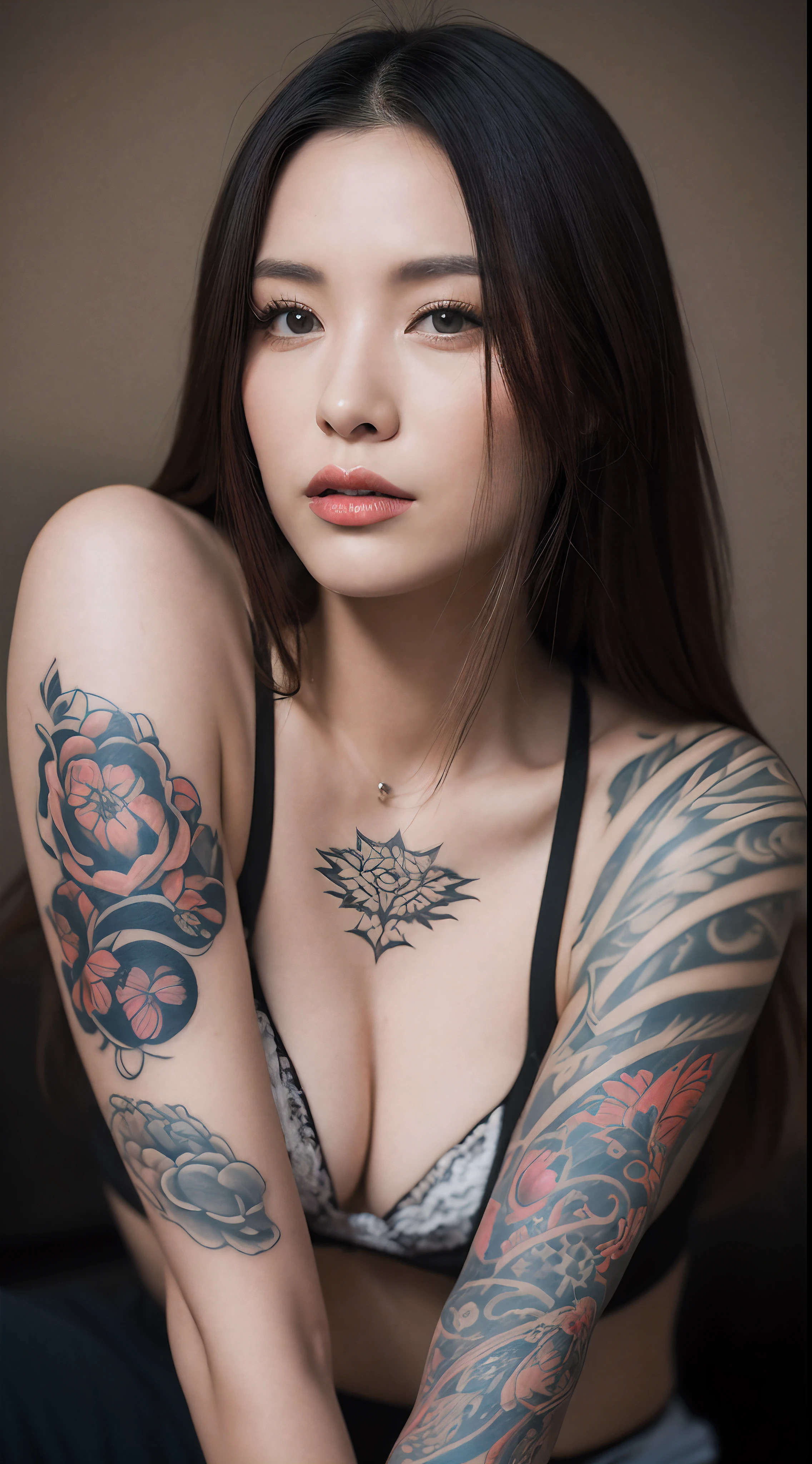 Portrait photo in the city of Los Angeles, USA、Woman with tattoos all over her body、An ultra-high picture quality、Japan tattoo、An ultra-high picture quality、8K、16 K、RAW image quality、Tattoos on both arms and neck、