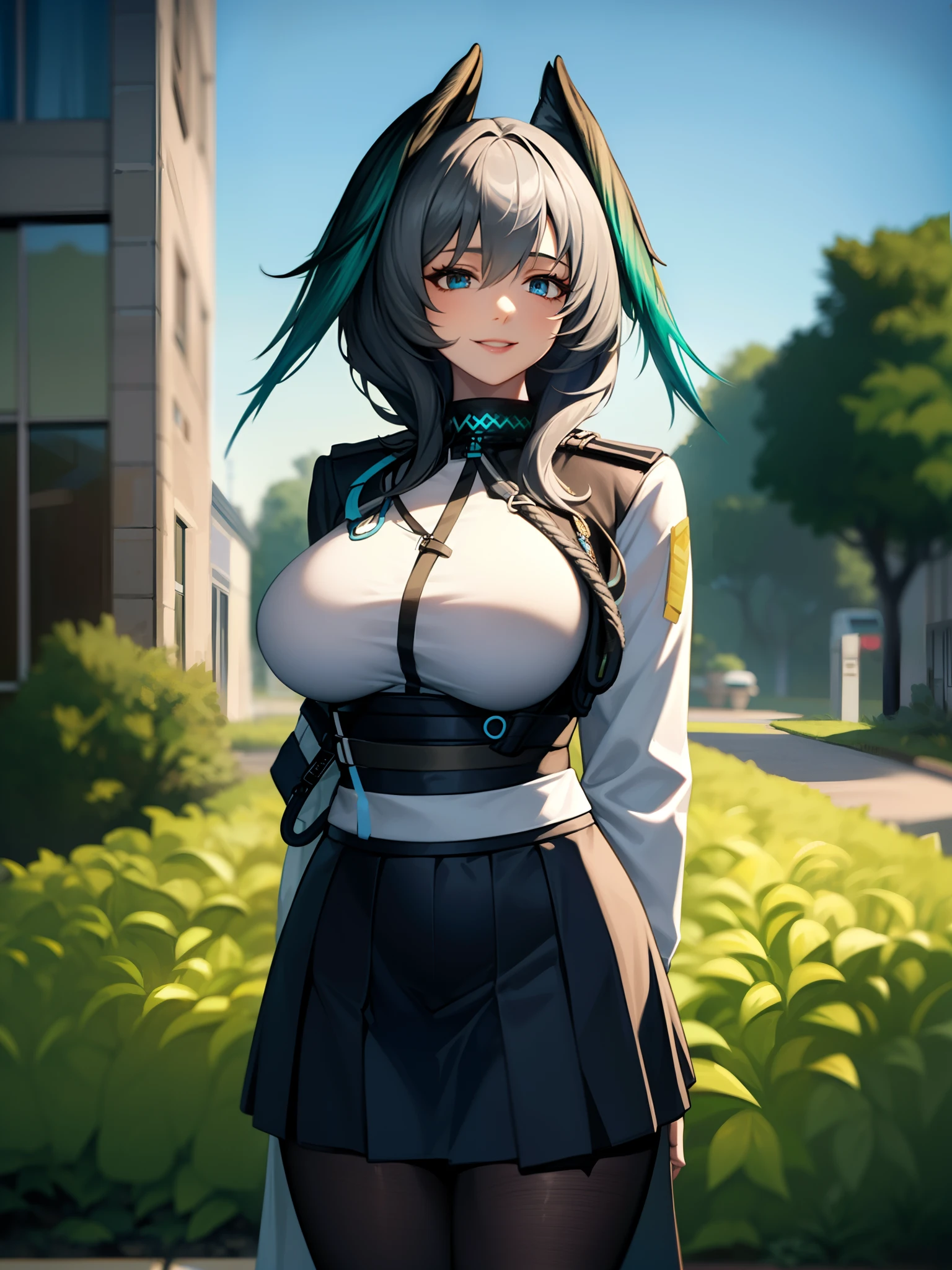 masterpiece, high quality, extremely detailed, 1girl, solo, milf, ho'olheyak (arknights), huge breasts, snake eyes, blue lips, school uniform, white medium skirt, black pantyhose, arms behind back, light smile, standing, garden, morning
