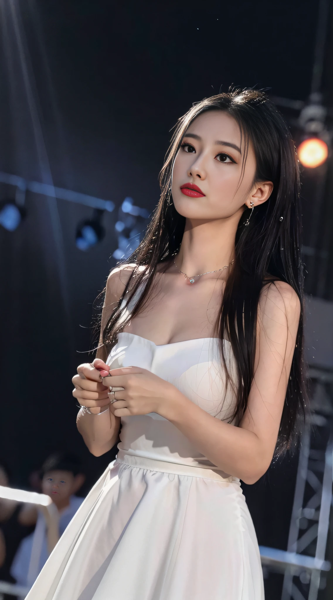 ,masutepiece, Best Quality,8K, 超A high resolution,Real Lights and Shadows,(beautidful eyes:1.1), Beautuful Women,The lights on the stage instantly softened.,A curtain of rain fell from all directions,Like a drizzle in fairyland,Slowly cover the entire stage。The idol singer wore a white dress,It's like turning into a spirit in the rain。A drizzle dripped onto her skin,crystal-clear,Pearly brilliance。She looked up,close your eyes slightly,Feel the rain sliding down your face。
The music started slowly,She pursed her red lips,Like a thread blown in the wind,Have a gentle singing voice。accompaniment,Her dance steps are light。She danced her arms,Gentle as a feather,Blowing water mist into the air,Form unique dance patterns。Raindrops condensed into a beautiful arc along her figure,It's like an ordinary star,Decorate the entire picturesque stage。
Her singing and dancing seem to melt into the rain,Draw the audience into the realm of beauty。Every dance brings breathtaking beauty,Every note is a person々Evokes the softest emotions in the mind of。The audience listened quietly,It's like being in a magical wonderland,Infected by her performance、shock,slowly。