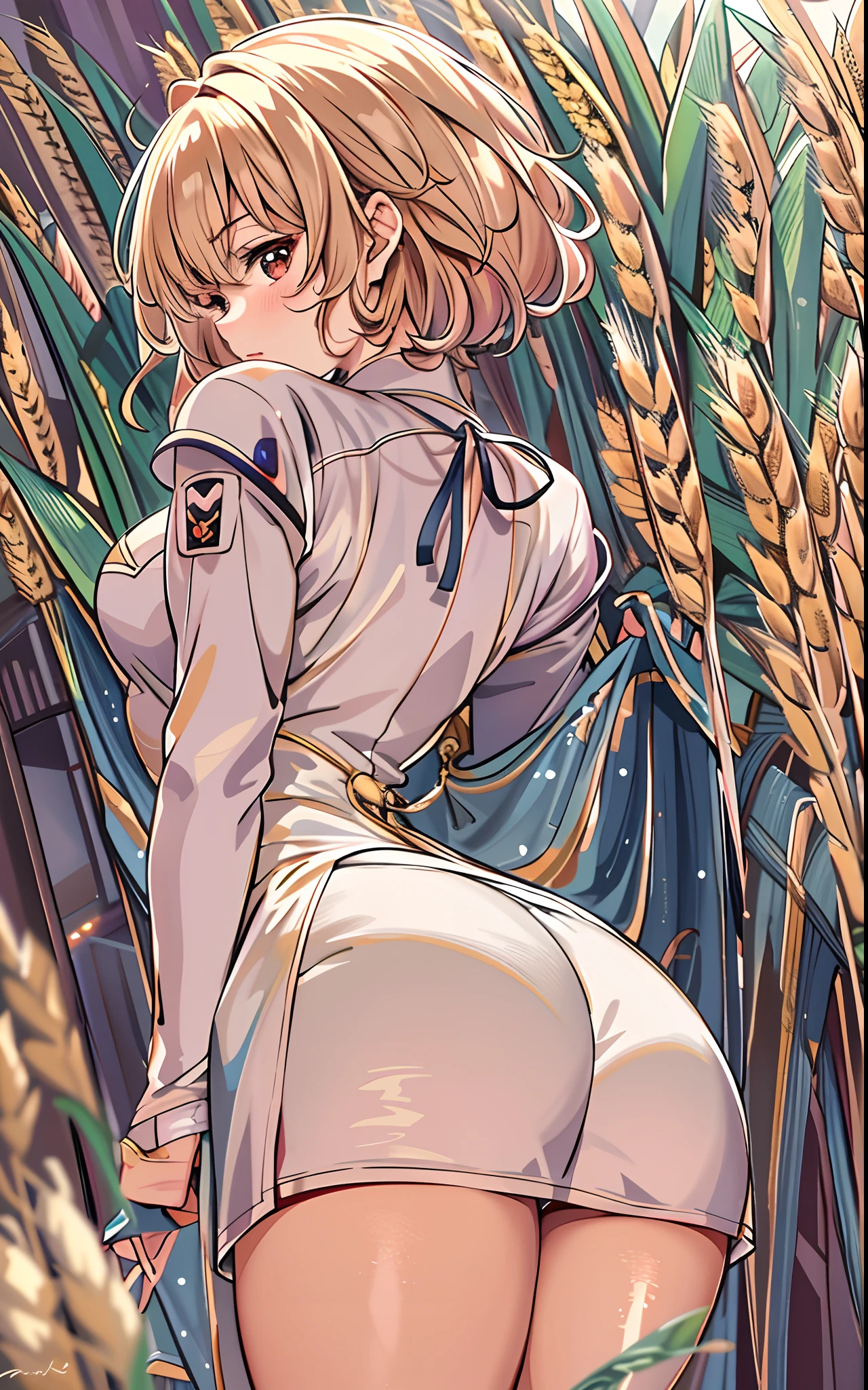 8K,4K,Daisaku,Superb image quality,Delicate,comic strip,Anime color scheme,1female,18yr old,adolable,maidennurse,Cafe,Dramatic angle,whaite hair,s girl,cute little,High-gloss dark style,swim wears,Wheat-colored skin,Bedroom room,Back view,Buttocks close up,busty figure