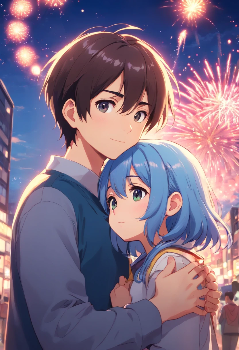 a noite,em rosa,Fireworks all over the sky,Heart-shaped bubbles,Couples of children,Desenhos animados,Blue hair girl and chubby black hair boy hugging each other,Vaga-lumes brilhantes ao redor,,bonito e bonito,Kids illustration,efeitos de brilho,Efeito Dingdall,profundidade de campos,Feixe alto,Luz Real,Traching de raias,OC rendering,hyper-realistic,melhor qualidade,8k,Obras de mestres,super-fino,pelos pubianos detalhados,Anatomia correta,sharp focus on eyes,Bokeh,Facial features are carefully described