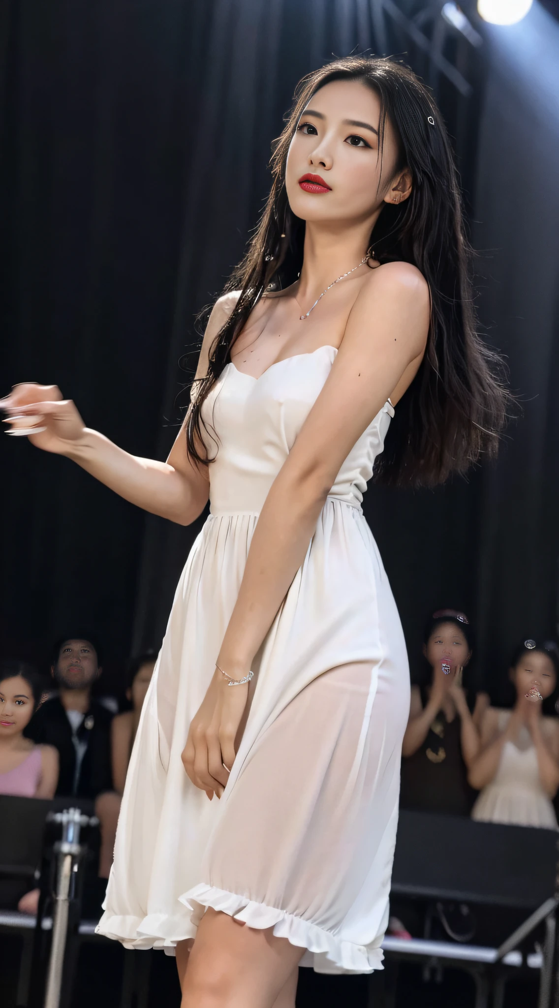 ,masutepiece, Best Quality,8K, 超A high resolution,Real Lights and Shadows,(beautidful eyes:1.1), Beautuful Women,The lights on the stage instantly softened.,A curtain of rain fell from all directions,Like a drizzle in fairyland,Slowly cover the entire stage。The idol singer wore a white dress,It's like turning into a spirit in the rain。A drizzle dripped onto her skin,crystal-clear,Pearly brilliance。She looked up,close your eyes slightly,Feel the rain sliding down your face。
The music started slowly,She pursed her red lips,Like a thread blown in the wind,Have a gentle singing voice。accompaniment,Her dance steps are light。She danced her arms,Gentle as a feather,Blowing water mist into the air,Form unique dance patterns。Raindrops condensed into a beautiful arc along her figure,It's like an ordinary star,Decorate the entire picturesque stage。
Her singing and dancing seem to melt into the rain,Draw the audience into the realm of beauty。Every dance brings breathtaking beauty,Every note is a person々Evokes the softest emotions in the mind of。The audience listened quietly,It's like being in a magical wonderland,Infected by her performance、shock,slowly。