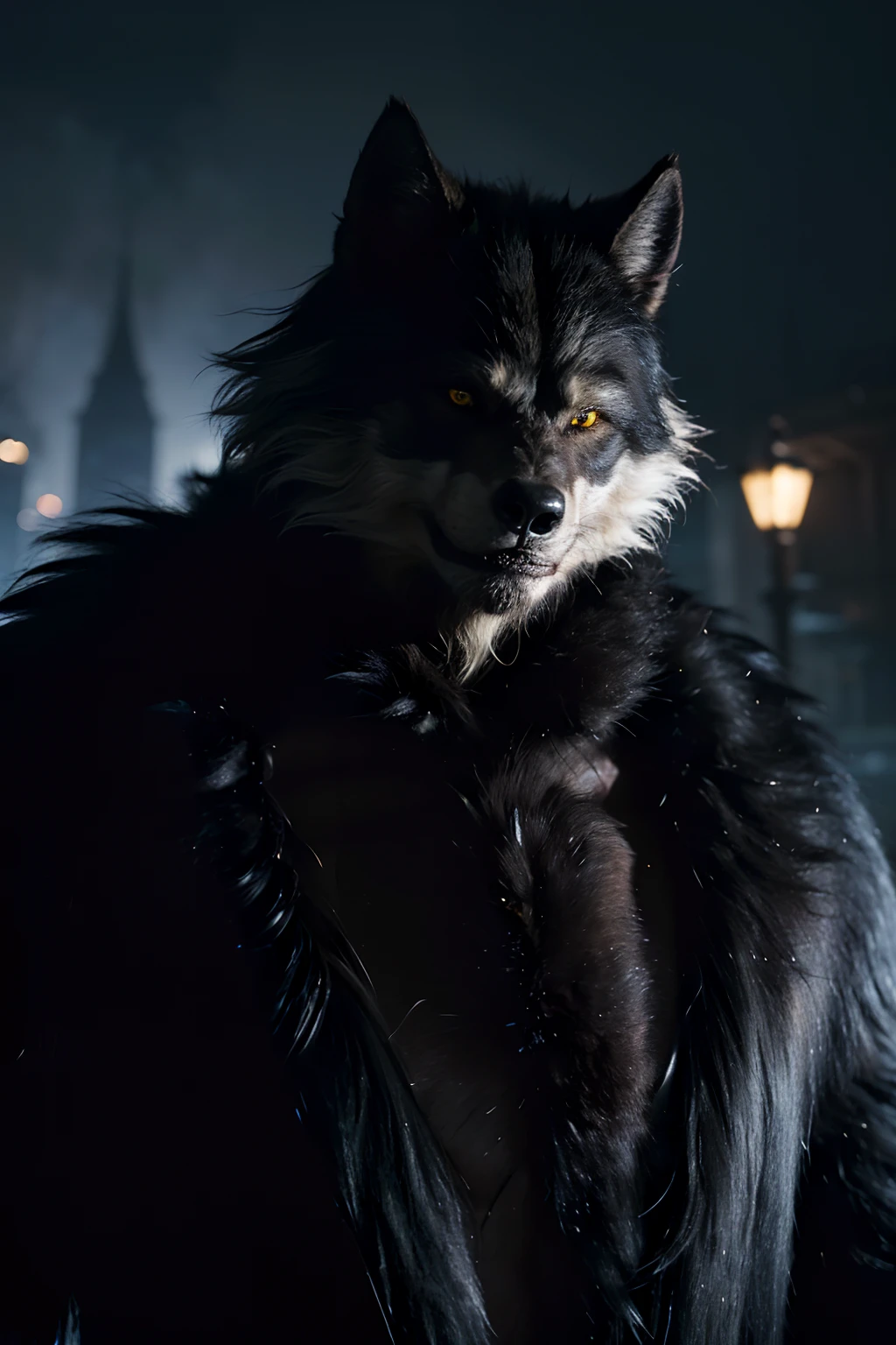 A 2-meter-tall werewolf, covered in thick, black fur, with nearly incandescent yellow eyes. It stands calmly, observing the city from above, reminiscent of the Gothic style of Gotham City. This creature embodies the essence of Gothic horror and is reminiscent of the world of "Werewolf: The Apocalypse" in the "World of Darkness" universe.