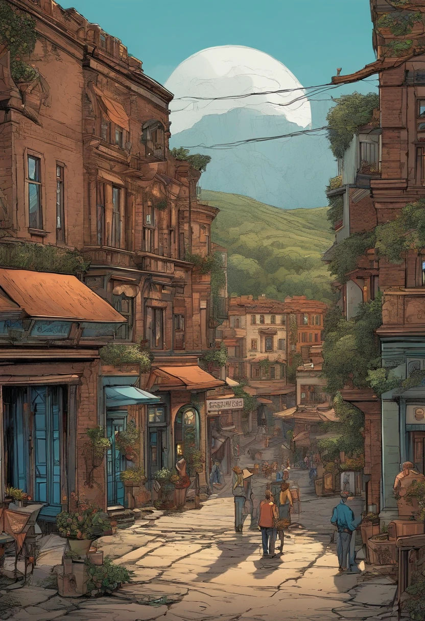 Detailed comic style of small fantasy town, crater in the street, onlookers