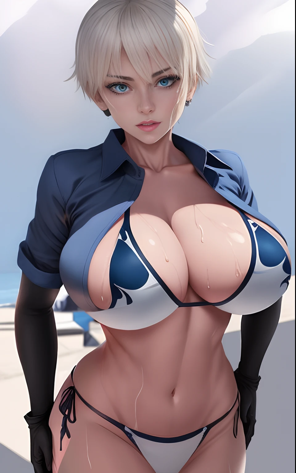 Beautiful girl, hot girl, detailed face, detailed eyes, detailed hair, detailed body, hanging boobs, change background, 8k, realistic, ultra realistic, visible panties, visible swimsuit, ((she us wet)), gray hair