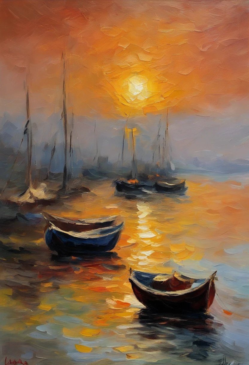 the sunset,Fishing boats by the sea are returning to port,Impresionismo,OilPaintStyle,Monet