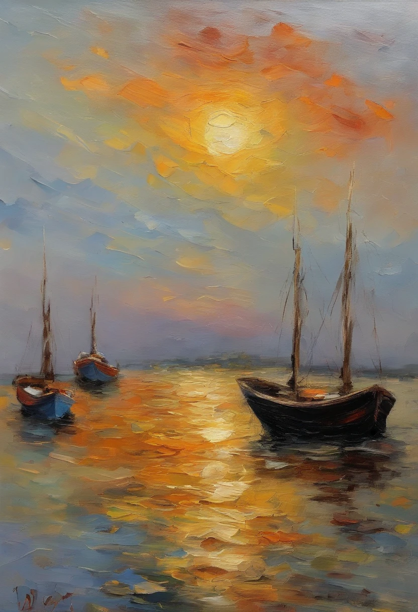 the sunset，Fishing boats by the sea are returning to port，Impresionismo，OilPaintStyle，Monet