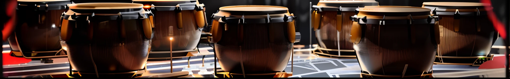 There are many different types of drums lined up on the table,Clear black crystal texture sculpture，Contour light，Black background，high qulity，cg render，The best masterpieces
