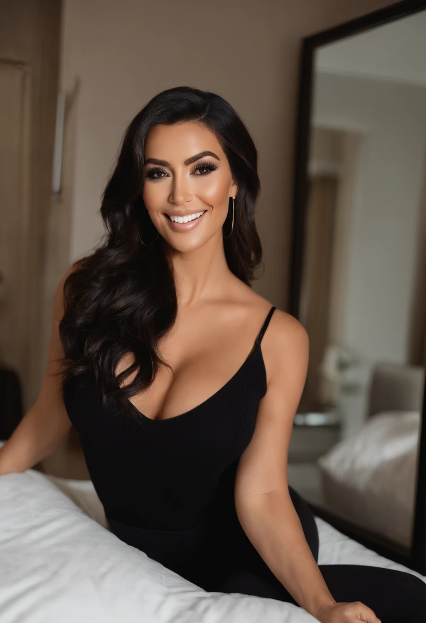 Kim Kardashian in black shirt and tights taking selfie in mirror, sonrisa descarada, 2 4 year old female model, sonrisa burlona, leve sonrisa linda, rodillas metidas, Pose satisfecha, de rodillas, posando en un dormitorio, Lleva una camiseta negra sin mangas, muy emocionado, Sentado en la cama, sonrisa encantadora, she is smiling and excited, Sentado en una cama