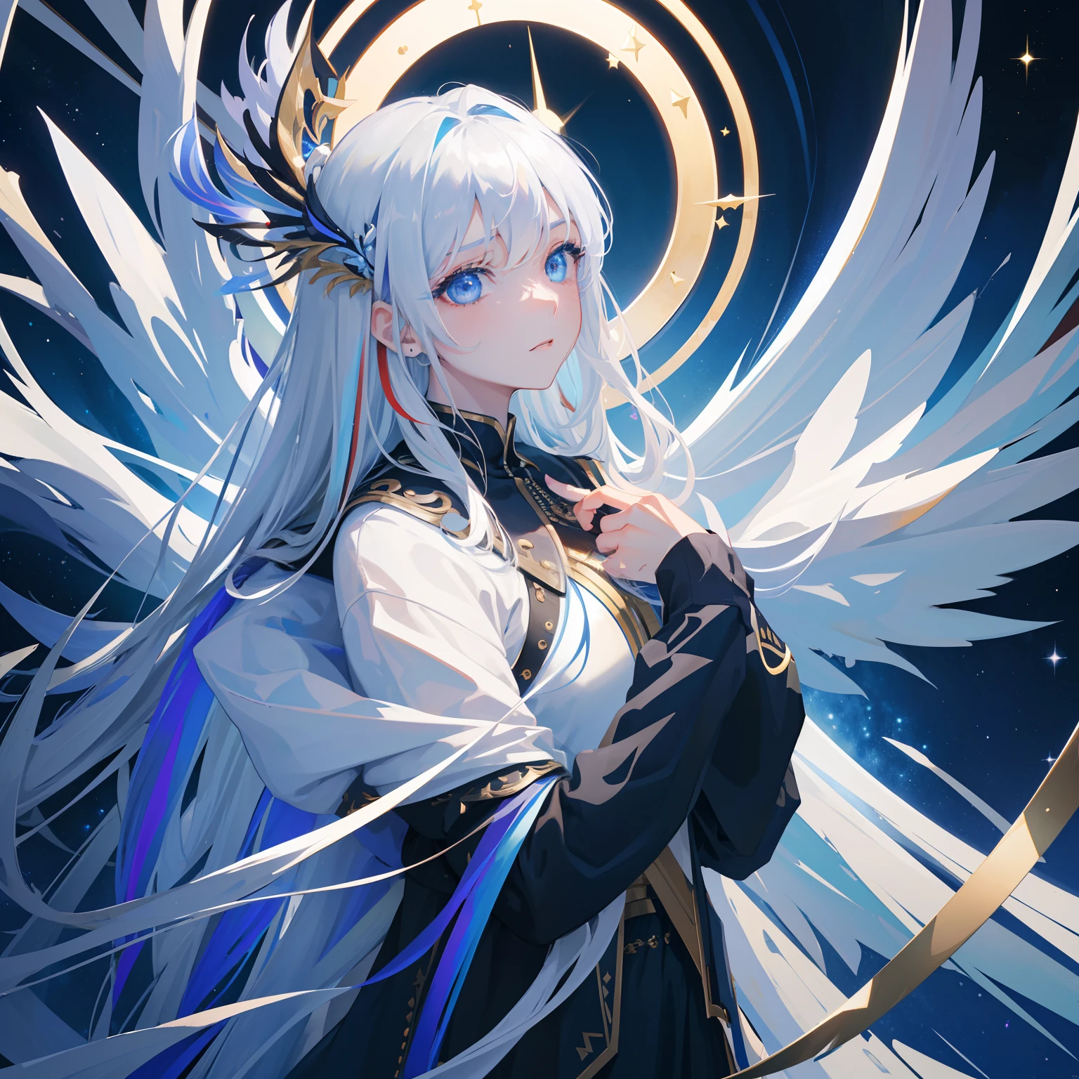 masterpiece、top-quality、ultra-detailliert、8k wallpaper、One Woman、The End of the World、Machine Hanging、rainbow、Black and gold、Silver hair、blue eyess、odd eye、All-knowing and all-powerful、mystical、dazzling、valkyrie、Looking at it from an angle