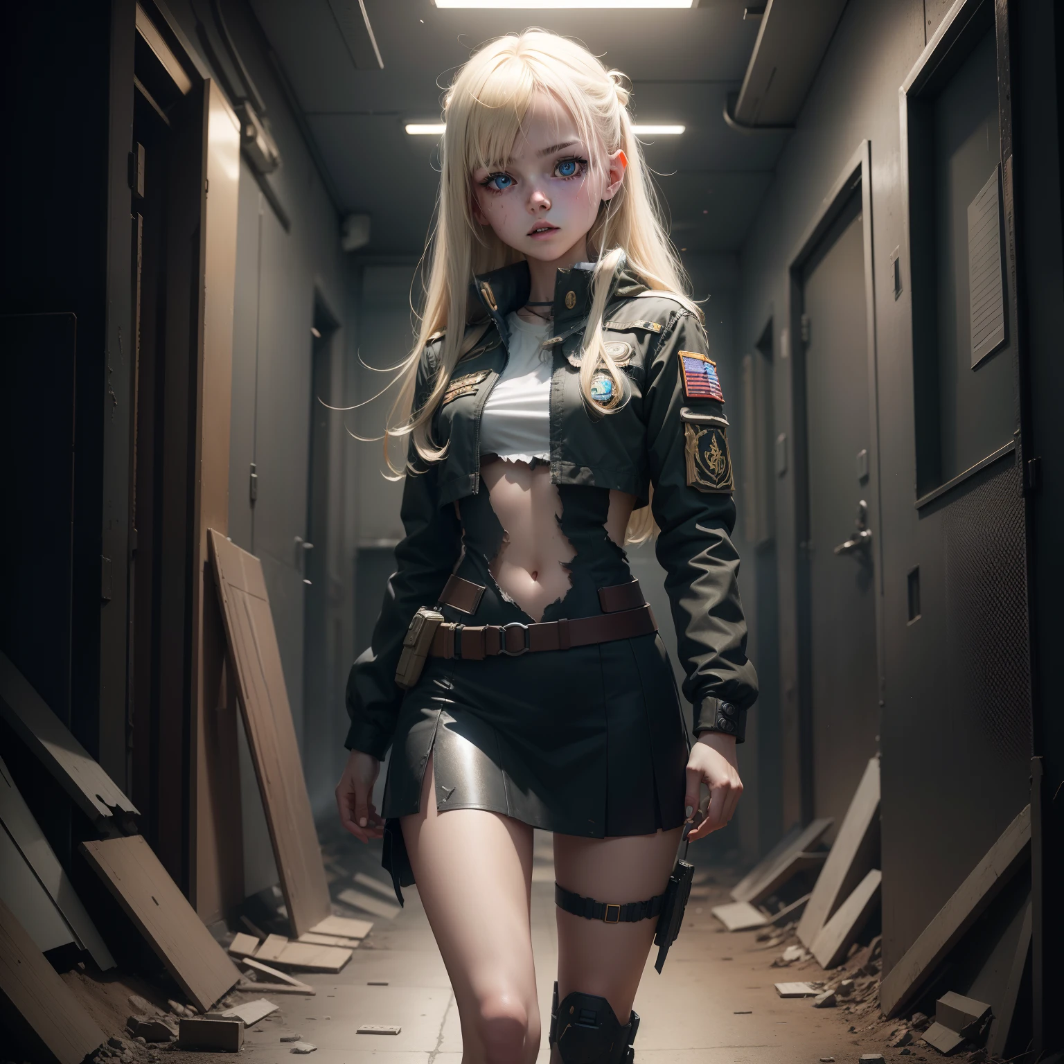 ukrainian girl , Ukrainian anime girls , , Ukraine , Full body composition of young girl with messy bright blonde hair, eye make up, 13 year old, Soft lighting, Solo, Old torn dirty shabby futuristic military uniform, badges, Pose, Blotch color, Octane Render, Hyperrealistic intricate detail, Cinematic, 8K resolution, 70mm, Accent Lighting, Global Illumination, Full body portrait, clean detailed faces, intricate clothing, Cute face, flat chest, Slim waist, Slim legs, small hips,Chest exposed,