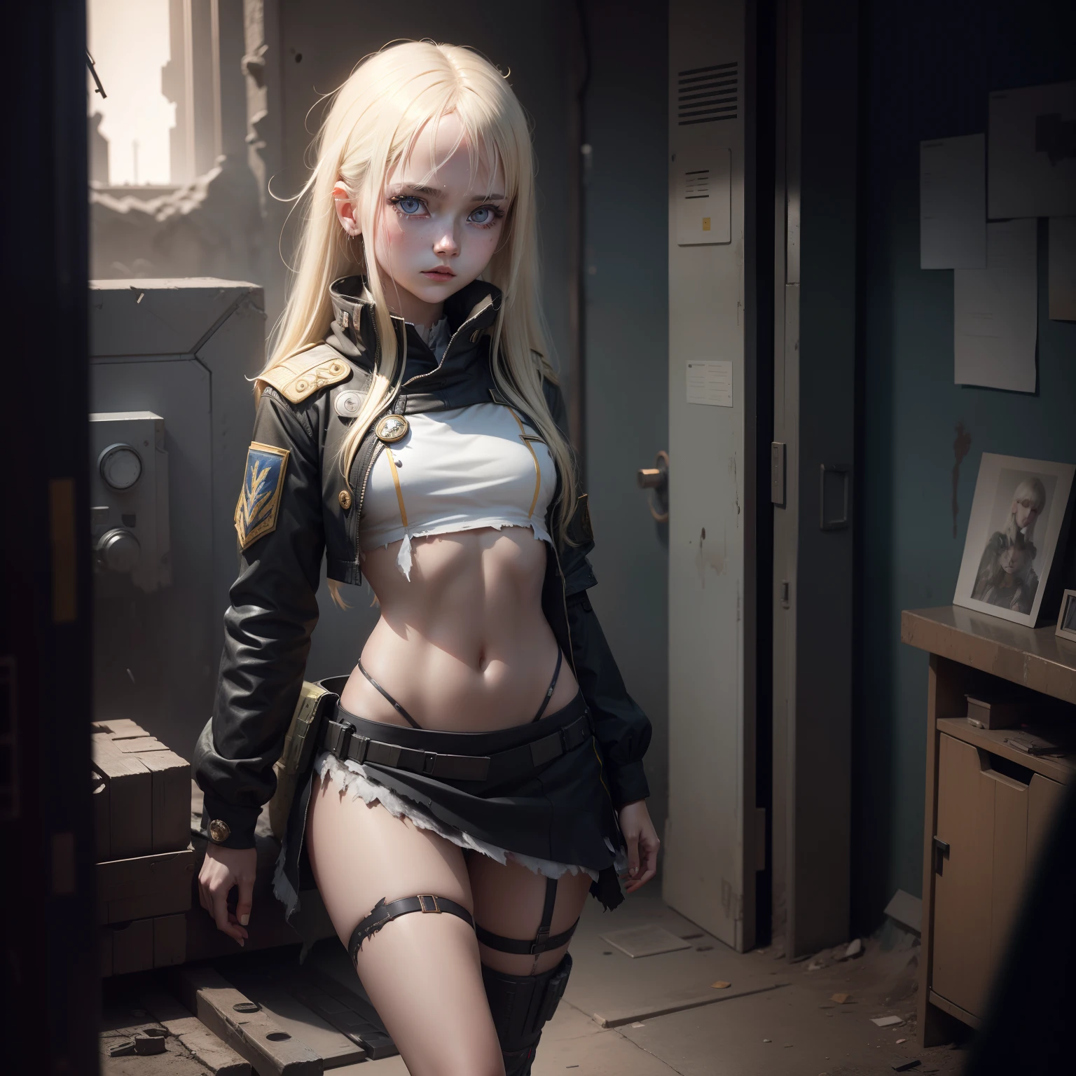 ukrainian girl , Ukrainian anime girls , , Ukraine ,  Full body composition of young girl with messy bright blonde hair, eye make up, ,  Soft lighting, Solo, Old torn dirty shabby futuristic military uniform, badges, Pose, Blotch color, Octane Render, Hyperrealistic intricate detail, Cinematic, 8K resolution, 70mm, Accent Lighting, Global Illumination, Full body portrait, clean detailed faces, intricate clothing, Cute face, flat chest, Slim waist, Slim legs, small hips,Chest exposed,