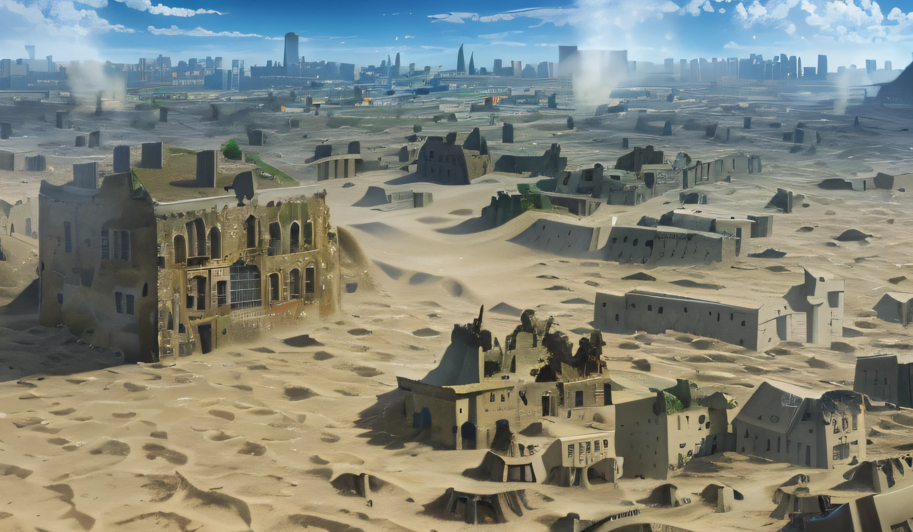 howlbgs, scenery, anime screencap, nausicaa, sea of decay, birdseye view, (rough terrain:1.6), (houses reclaimed by color fungus:1.5), (buildings buried under sand:1.7), (spores:1.6), (ash rain:1.4), (fluffy bushes:1.1), (debris:1.6), high winds, cumulonimbus clouds, cirrus clouds, thick outlines, sharp outlines, 8K, UHD, Fujifilm X3, filmgrain,
