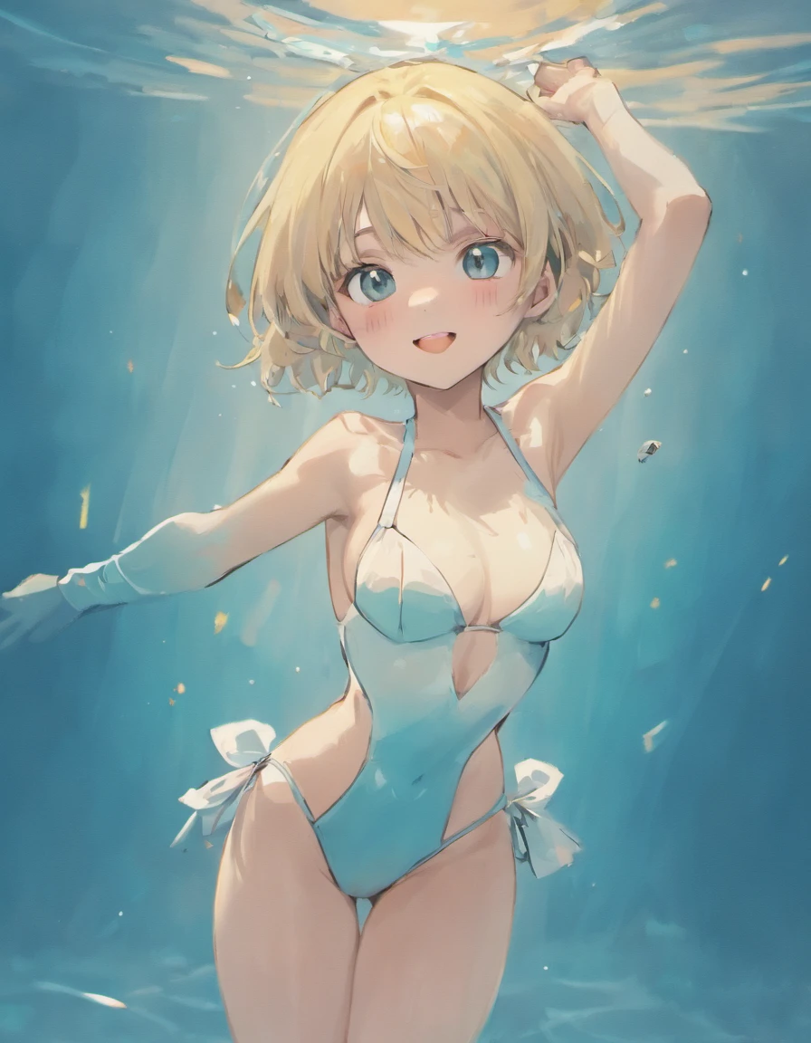 realisticlying、17 year old girl、A little bigger chest、Wearing an off-white competition swimsuit、Smile、Background Swimming Boolean、Sexy Posing
