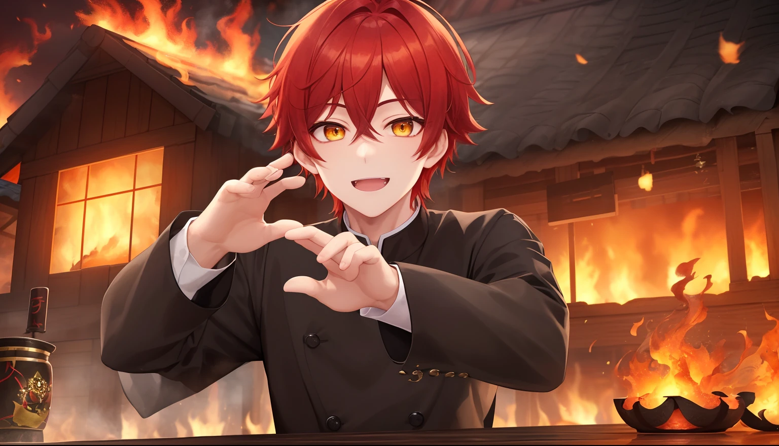 He has his characteristic hairstyle、Yellow eyes、And must have his distinctive smile。The background reflects his personality、Set up according to your usual environment。His pose and facial expressions are、Must be expressing his confidence and intelligence。bright red hairstyle, Burning wooden house in the background
