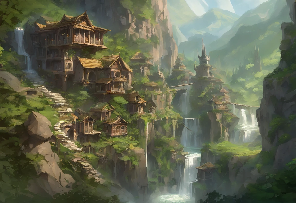 Nestled gracefully within the craggy embrace of towering, verdant mountains, this ethereal elven village stands as a testament to the harmonious union between elven craftsmanship and the natural world. Perched against the steep, emerald-clad terrain, its homes and pathways are a masterful blend of elven artistry and the sturdiness of stone and marble. Elaborate, spiral staircases of finely polished marble connect the dwellings, while slender bridges of intricately carved stone span glistening streams and cascading waterfalls, linking the tiers of this sylvan settlement.

The villagers' homes are sculpted from the very mountains themselves, their walls crafted from sturdy stone adorned with delicate marble reliefs depicting scenes of nature's beauty. Towering columns of gleaming marble support intricately carved wooden balconies, where residents gather to commune with the breathtaking vistas of soaring peaks and serene valleys. Wisps of vine and ivy, carefully cultivated, trace their way up the stone walls, lending a touch of nature's grace to the stately structures.

Beyond the mountains' embrace, a dense forest of ancient oak and silver-leafed aspen extends its verdant fingers toward the village. Here, the elven inhabitants find solace and sustenance, gathering herbs, forage, and the finest timbers for their graceful craftsmanship. The air is a tapestry of woodland scents, infused with the fragrant embrace of blooming wildflowers and the songs of countless birds.

In this elven haven, where stone and marble stand as both testament to their artistry and a symbol of enduring strength, the villagers exemplify the spirit of the woods they call home—resilient and resourceful, deeply connected to both the formidable mountains and the enchanting forest that cradles their timeless community.