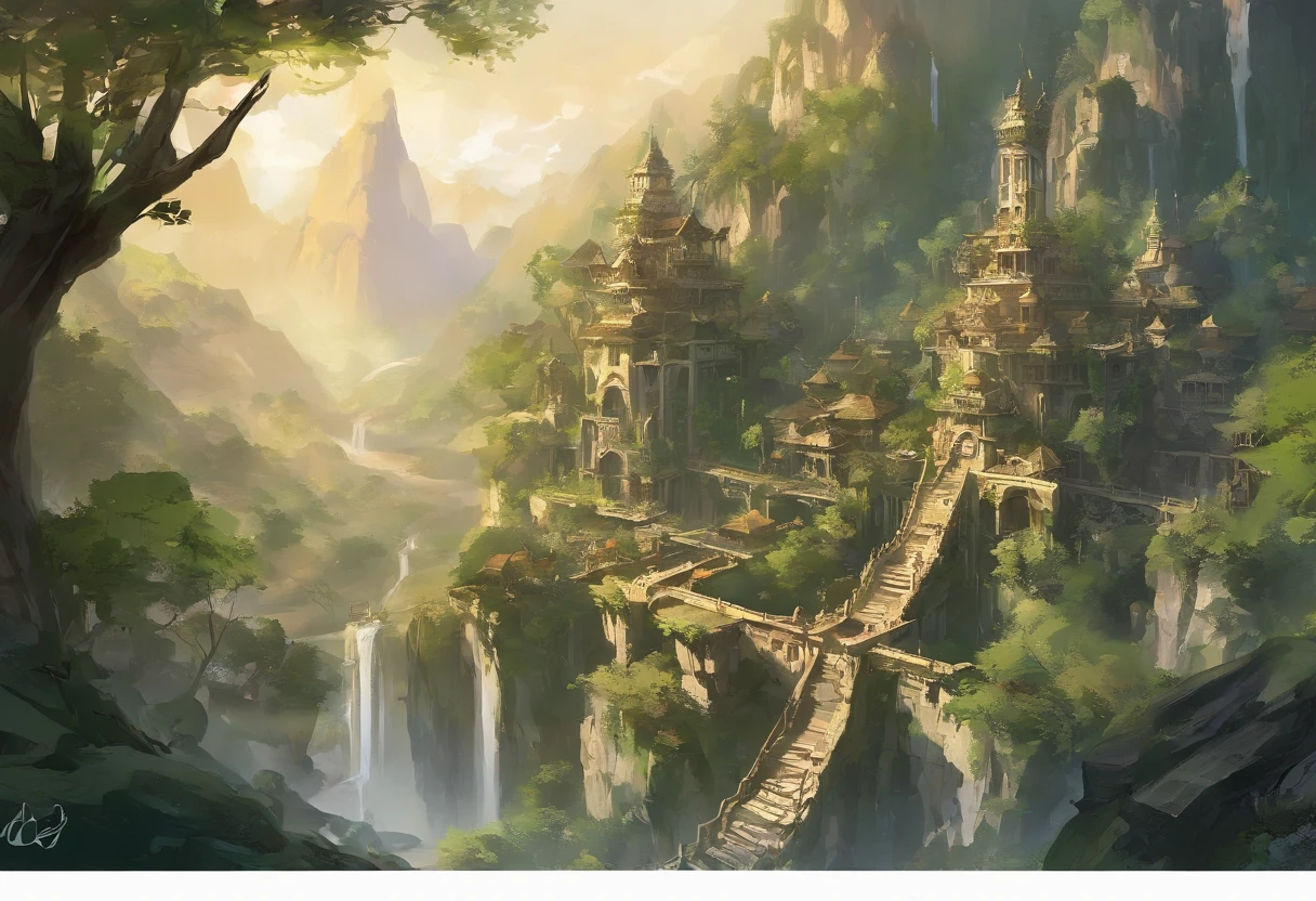 Nestled gracefully within the craggy embrace of towering, verdant mountains, this ethereal elven village stands as a testament to the harmonious union between elven craftsmanship and the natural world. Perched against the steep, emerald-clad terrain, its homes and pathways are a masterful blend of elven artistry and the sturdiness of stone and marble. Elaborate, spiral staircases of finely polished marble connect the dwellings, while slender bridges of intricately carved stone span glistening streams and cascading waterfalls, linking the tiers of this sylvan settlement.

The villagers' homes are sculpted from the very mountains themselves, their walls crafted from sturdy stone adorned with delicate marble reliefs depicting scenes of nature's beauty. Towering columns of gleaming marble support intricately carved wooden balconies, where residents gather to commune with the breathtaking vistas of soaring peaks and serene valleys. Wisps of vine and ivy, carefully cultivated, trace their way up the stone walls, lending a touch of nature's grace to the stately structures.

Beyond the mountains' embrace, a dense forest of ancient oak and silver-leafed aspen extends its verdant fingers toward the village. Here, the elven inhabitants find solace and sustenance, gathering herbs, forage, and the finest timbers for their graceful craftsmanship. The air is a tapestry of woodland scents, infused with the fragrant embrace of blooming wildflowers and the songs of countless birds.

In this elven haven, where stone and marble stand as both testament to their artistry and a symbol of enduring strength, the villagers exemplify the spirit of the woods they call home—resilient and resourceful, deeply connected to both the formidable mountains and the enchanting forest that cradles their timeless community.