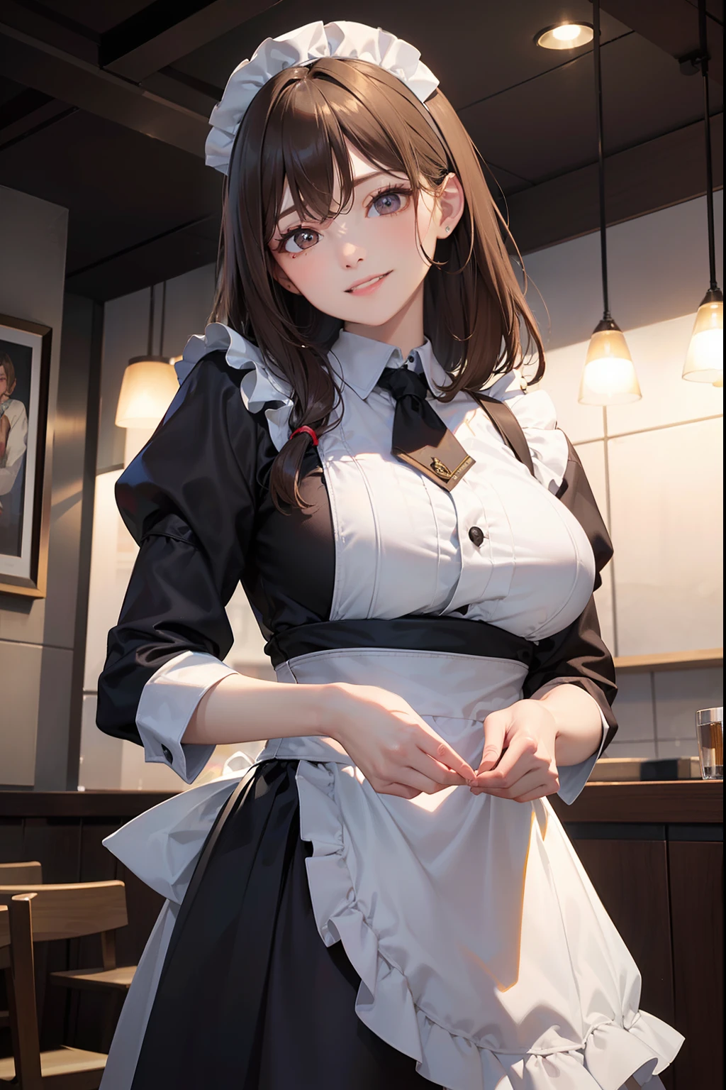 ((Best Quality:1.2, 8k, Sharp Focus, photo realistic:1.2, Masterpiece: 1.4, back Light, Ultimate Girl, Highly Detailed Facial Textures, Highly Detailed Facial Textures, detailed beauty makeup: 1.2, realistic skin, detailed eyes, detailed bangs)), ((waitress clothes)),(coffee shop background), head tilt, huge breast:1.2, light brown hair, Grinning ear to ear, from below