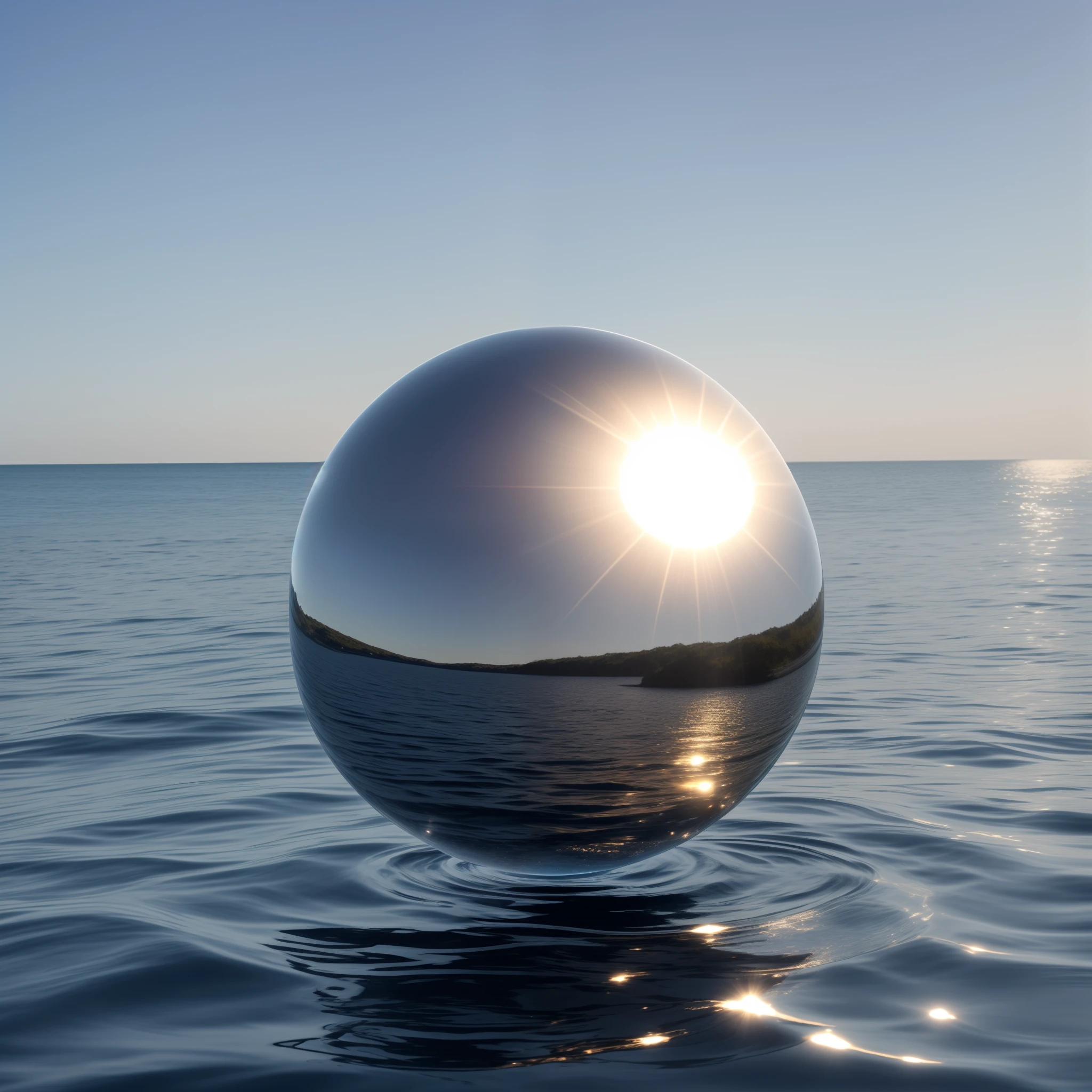 perfectly smooth metal sphere floating above the water of an ocean, no beach, clear sky, reflection of water and the sun. --auto --s2