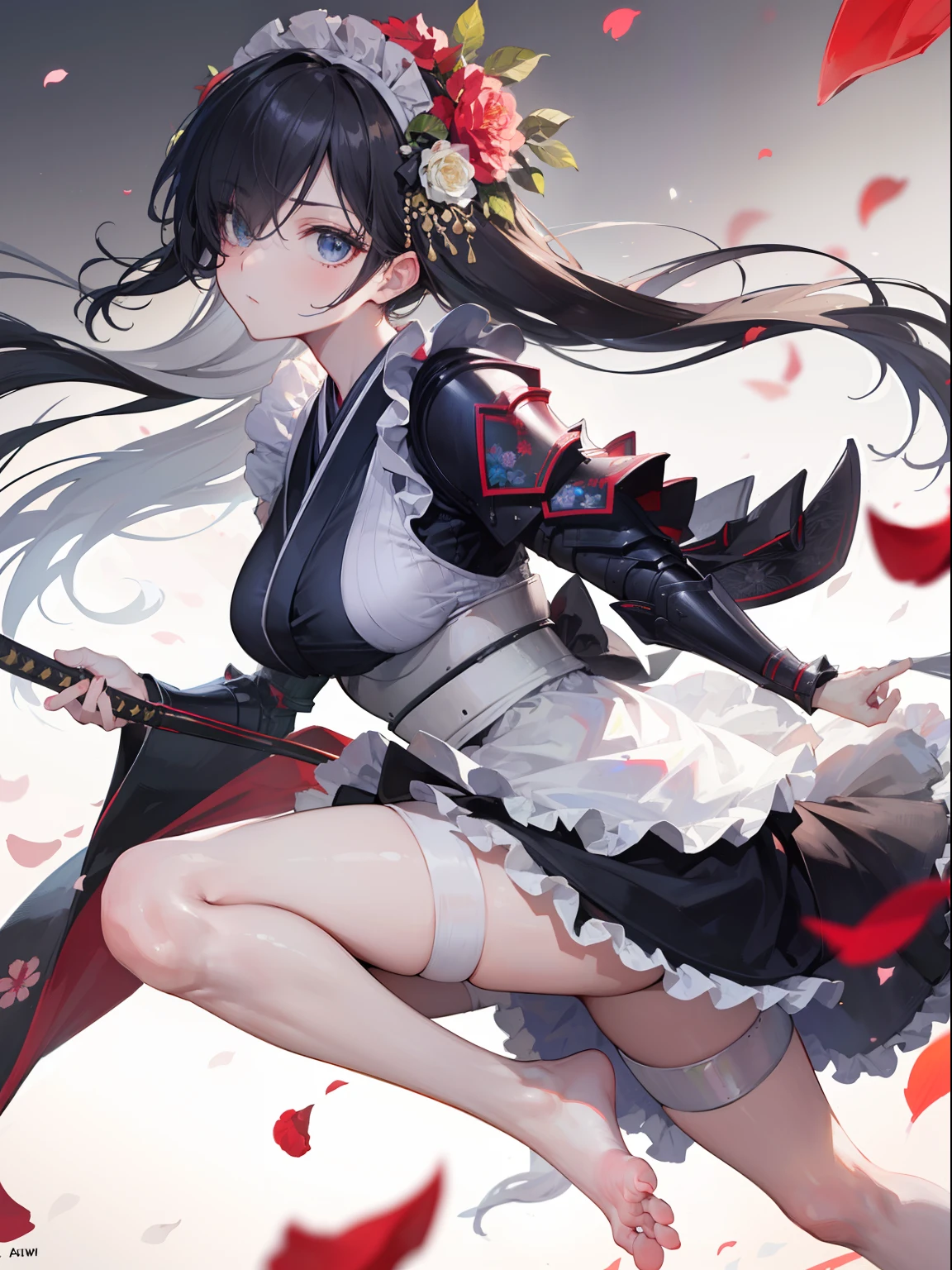 Best Quality, (Extremely detailed: 1.5), masutepiece, 超A high resolution,(photographrealistic:1.4), 1 beautiful girl, Cowboy Shot, (Wear battle armor:1.4), (Wear battle armor:1.6), (Floral part Terund black kimono:1.6), (maid:1.6), Black Maid Micro Skirt, holding a katana, Long straight hair, Hair over one eye,(Big eyes:1.1), Black hair, (Raw feet:1.3),Wind, Dynamic Angle, Dynamic Pose