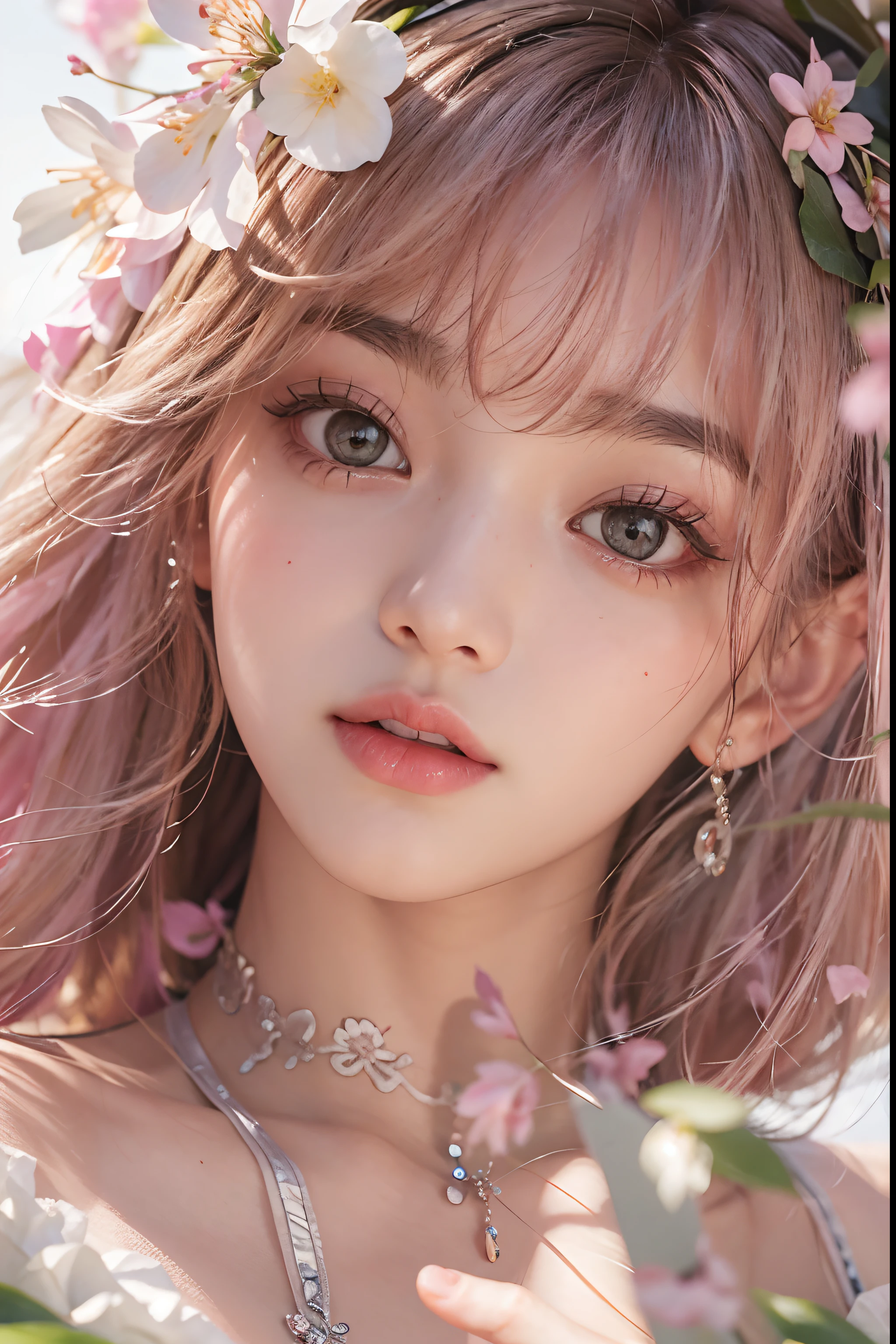 (Best Quality Detail)、realisitic、8K UHD、hight resolution、(1girl in:1.2)、The ultra-detailliert、High quality textures、intricate detailes、detaileds、Very detailed CG、High quality shadows、Detail Beautiful delicate face、Detail Beautiful delicate eyes、depth of fields、Ray traching、in her 20s、Pretty Kpop Girl、(Korean Urzan Face)、Slender face、(ulzzang -6500-v1.1:0.6)、pureerosface_v1、gloweyes、perfectbody、 look at viewr、(Best Quality Detail:1.2)、realisitic、8K UHD、hight resolution、(1girl in:1.2)、The ultra-detailliert、High quality textures、intricate detailes、detaileds、Very detailed CG、High quality shadows、Detail Beautiful delicate face、Detail Beautiful delicate eyes、depth of fields、Ray traching、in her 20s、Pretty Kpop Girl、(Korean Urzan Face)、Slender face、(ulzzang -6500-v1.1:0.6)、teak、Glossy lips、、high-level image quality, The highest image quality, top-quality, Photorealsitic, ultra-detailliert, photos realistic, 4K 8K UHD Full Color RAW Photos, Fuji Film(Medium format), Hasselblad, Carl zeiss, Incredible dynamic range photography(UTIL_Art by Smoose-768:1.1),hight resolution, High pixel count, clear details, crisp image, Natural color reproduction, Noise Reduction, High fidelity, qulity, Software Improvements, Upscaling, Optimized algorithms, Pro-level retouching, (Jewelry Accessories)、Mystical floral hair ornament、(Brown-eyed)、(Pink hair), (long)、(Layered Hair Style), Description beautiful delicate hair、One piece with white ruffles、cherry blossom in full bloom、Fluttering petals、