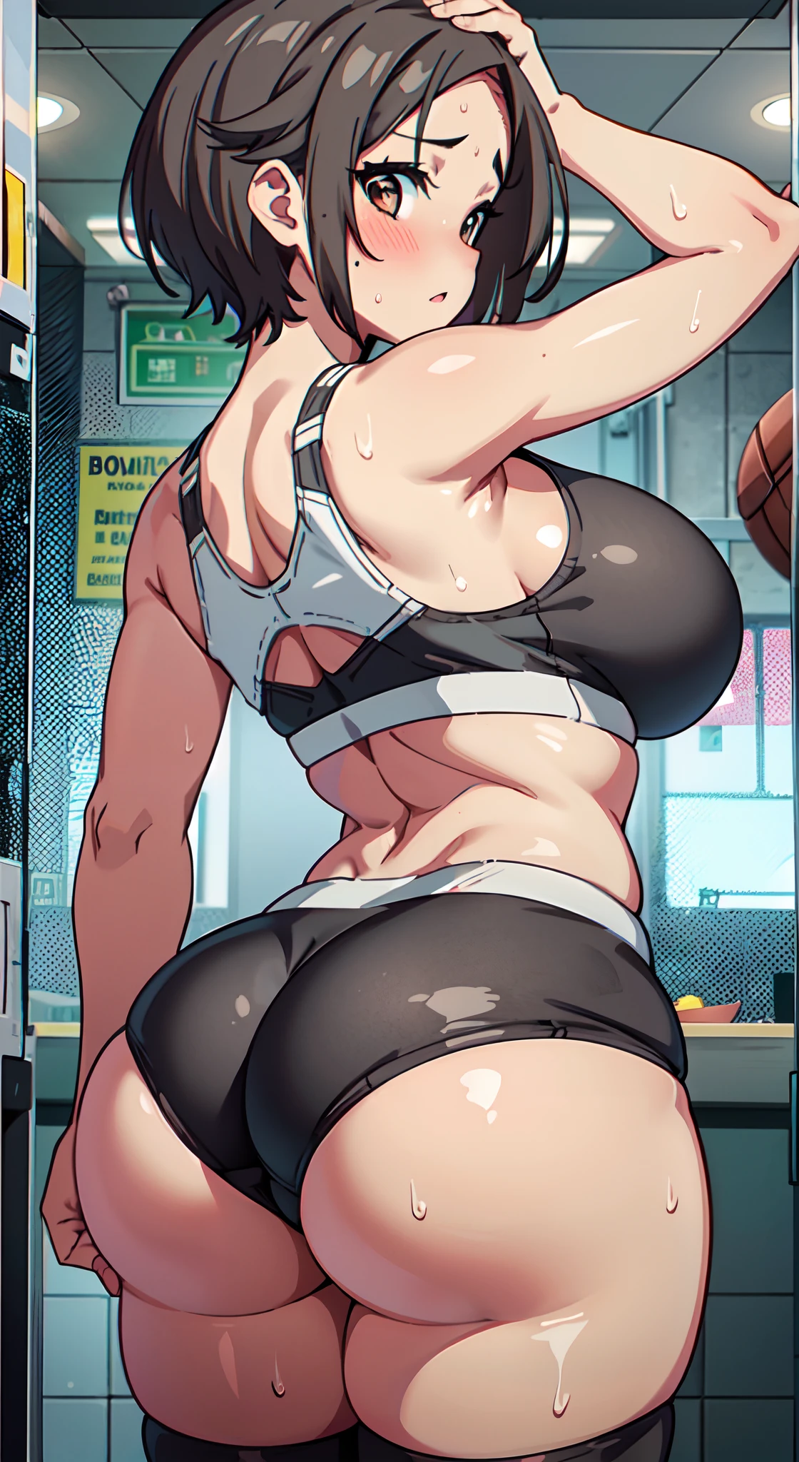 (Perfect body),Best Quality,masuter piece、(8K Portrait),(Official art)、:o、(((blush))),(Sweat),((Huge breasts)), big butts、((Forehead)), Parted bangs hair,Short hair, (Brown eyes),(Brown hair),(((thick thighs)))、(((((A Gray Sports Bra)))))、(((Black Leggings)))、adult  woman、(Training room)、((Chibi))、Arms behind your head、((posterior view))、from behind