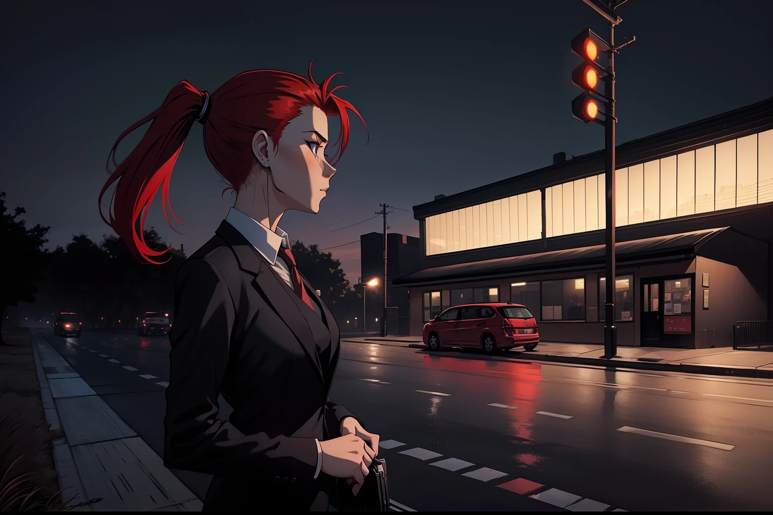 woman, red ponytail hair, wearing a black office suit, black office skirt, standing, waiting in a bus-stop, road, haunted, field background, dark, midnight, ((masterpiece))
