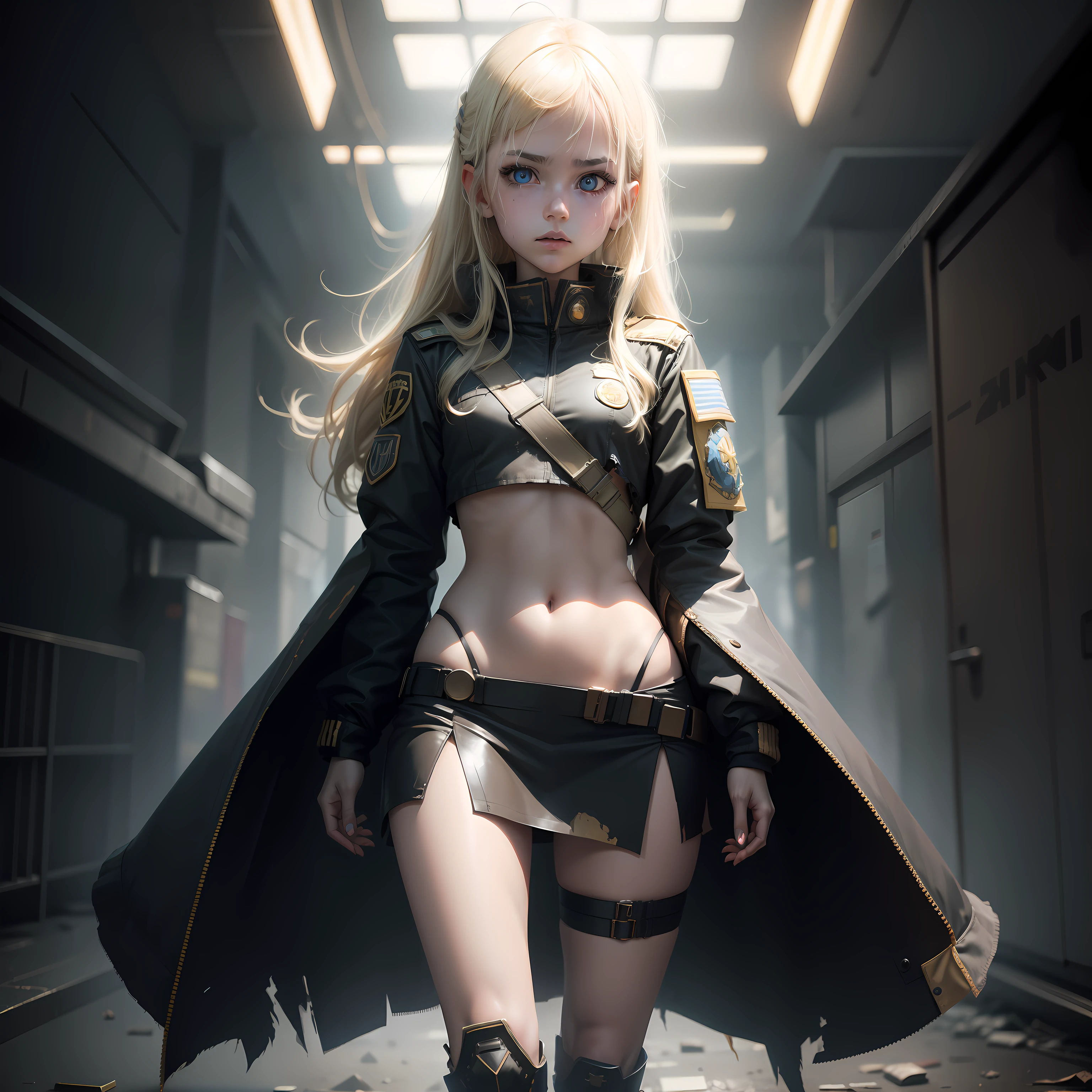 ukrainian girl , Ukrainian anime girls , , Ukraine ,  Full body composition of young girl with messy bright blonde hair, eye make up, 13 year old,  Soft lighting, Solo, Old torn dirty shabby futuristic military uniform, badges, Pose, Blotch color, Octane Render, Hyperrealistic intricate detail, Cinematic, 8K resolution, 70mm, Accent Lighting, Global Illumination, Full body portrait, clean detailed faces, intricate clothing, Cute face, flat chest, Slim waist, Slim legs, small hips,Chest exposed,