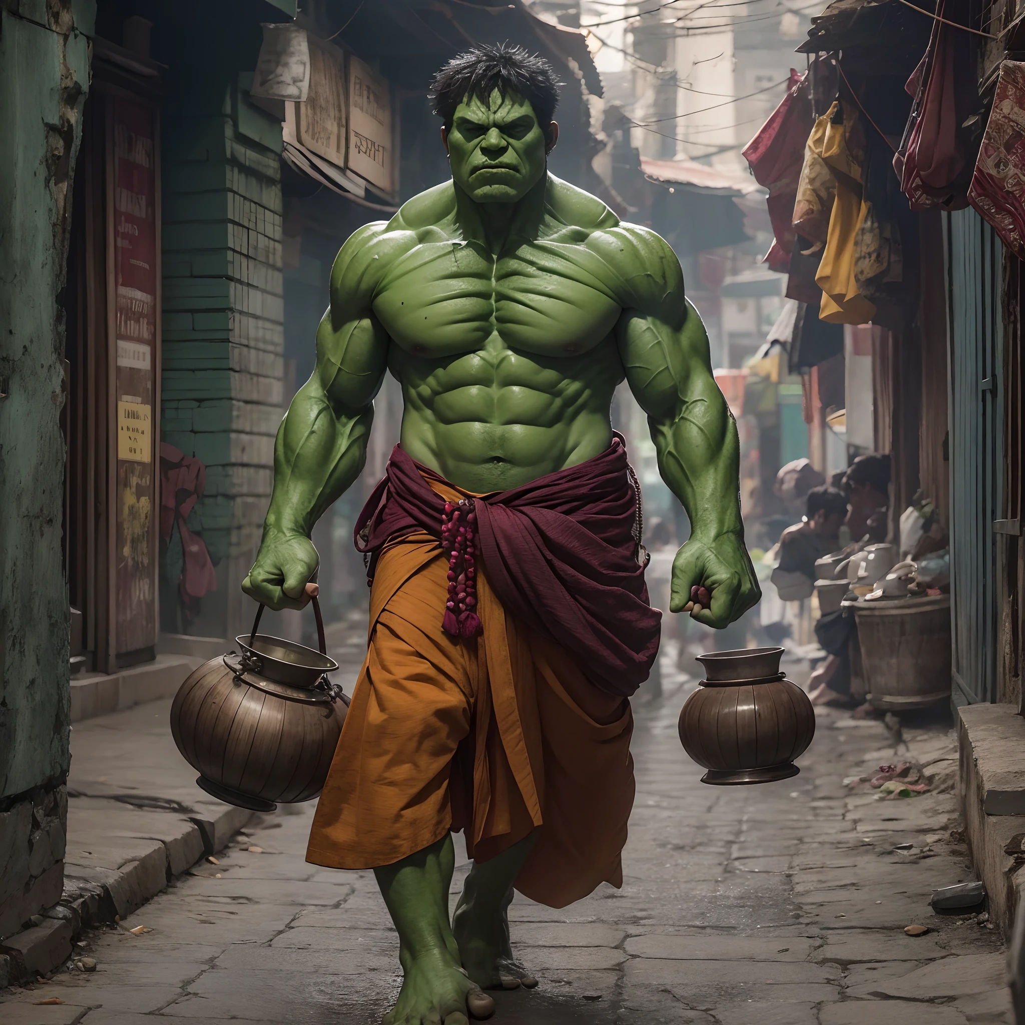 Green Hulk, cinematic portrait photo of a very interesting green Hulk, green body, Wearing the saffron robes of a monk, Saffron clothes, Rudraksha beads, oblong water pot in hand (Kamandal), rudraksha in hand, walking in street of Banaras, eyes close up, highly detailed vfx portrait, taken with a full frame camera with a wild lens, green body, the incredible hulk