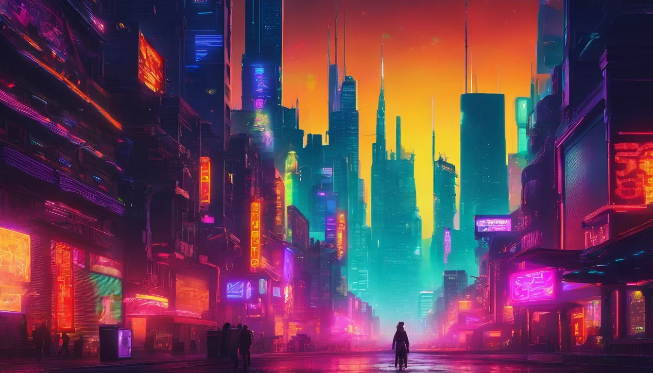 Background with，cyber punk perssonage，skyscrapper，neonlight，the street，heavy metal，the night