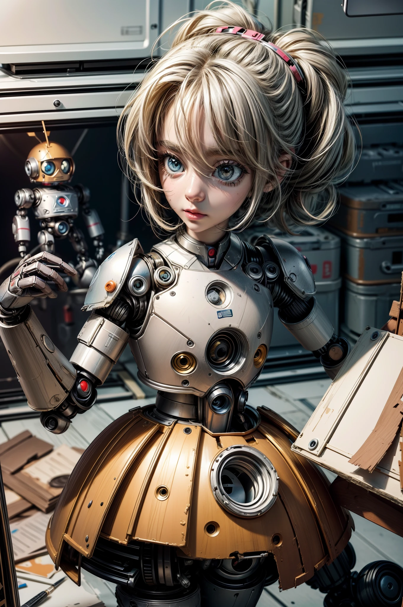 A messy, chaotic artist's workshop, inside is a cute robot painting a picture. The picture is of another robot