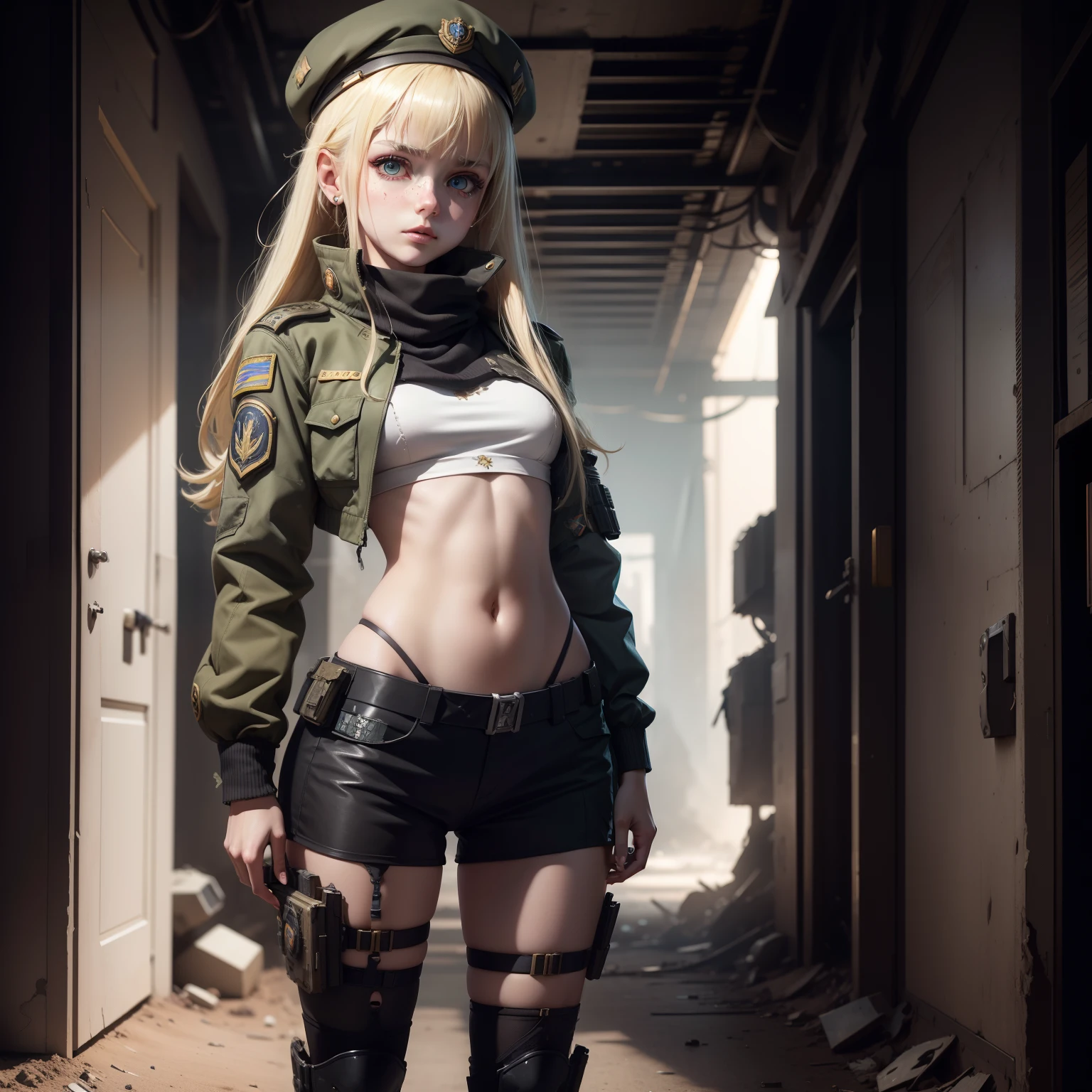 ukrainian girl , Ukrainian anime girls , , Ukraine , Full body composition of young girl with messy bright blonde hair, eye make up, 13 year old, Soft lighting, Solo, Old torn dirty shabby futuristic military uniform, badges, Pose, Blotch color, Octane Render, Hyperrealistic intricate detail, Cinematic, 8K resolution, 70mm, Accent Lighting, Global Illumination, Full body portrait, clean detailed faces, intricate clothing, Cute face, flat chest, Slim waist, Slim legs, small hips,Special Forces Clothing,beret,Chest exposed,