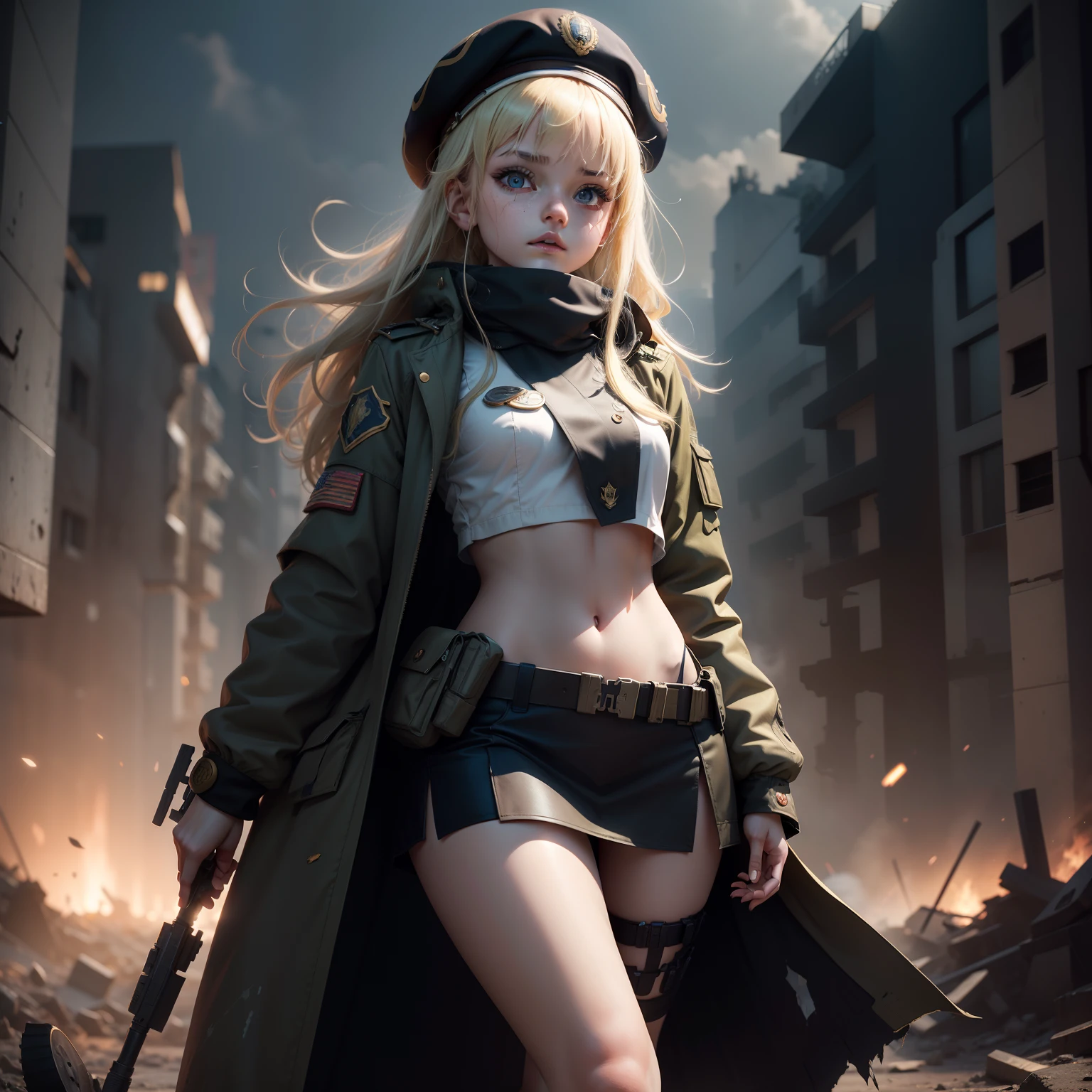 ukrainian girl , Ukrainian anime girls , , Ukraine ,  Full body composition of young girl with messy bright blonde hair, eye make up, ,  Soft lighting, Solo, Old torn dirty shabby futuristic military uniform, badges, Pose, Blotch color, Octane Render, Hyperrealistic intricate detail, Cinematic, 8K resolution, 70mm, Accent Lighting, Global Illumination, Full body portrait, clean detailed faces, intricate clothing, Cute face, flat chest, Slim waist, Slim legs, small hips,Special Forces Clothing,beret,Chest exposed,