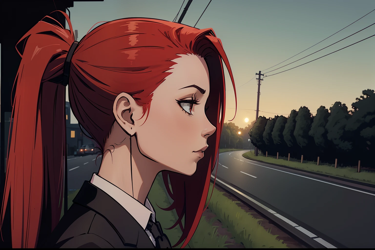 woman, red ponytail hair, wearing a black office suit, black office skirt, standing, waiting in a bus-stop, road, haunted, corn field background, night, ((masterpiece))