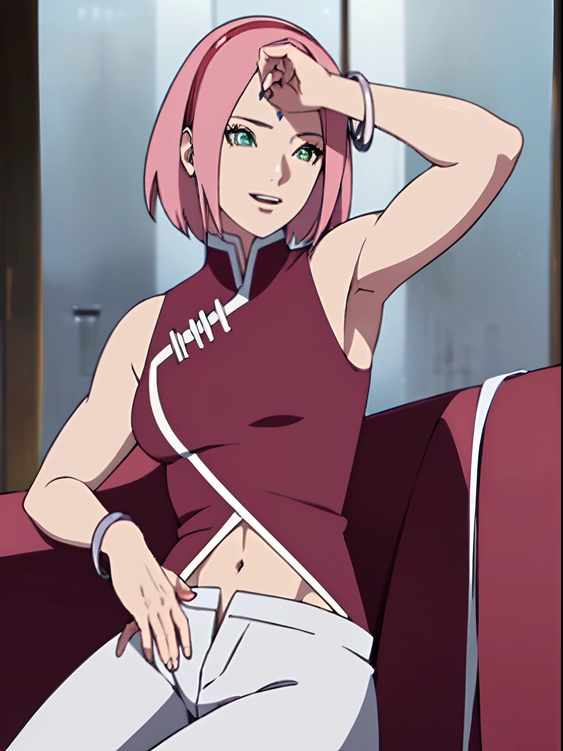 masterpiece, 4k, portrait, cowboy shot, (night), professional artwork, intricate details, colorful, digital blending, (ultra detailed body, ultra detail hair, ultra detail face), trending on pixiv, kind smile, best quality, anime style: 1.9, 1girl, hires, haruno sakura, (forehead mark, milf, red hairband, pale skin, (small breasts), short hair, ((red sleeveless dress,), white pants), (navel, belly button, slender body, slender belly, bracelet, pink hair, open mouth, big eyes), smile, beach, wind, floating hair, detailed arms, off-shoulders, broad shoulders, (slightly muscular arms, slightly strong biceps), armpit on couch, rips, , fancy couch, relaxing, (hand leaning on couch, laying, talking, looking at the viewer, showing armpit, talking while showing armpits)