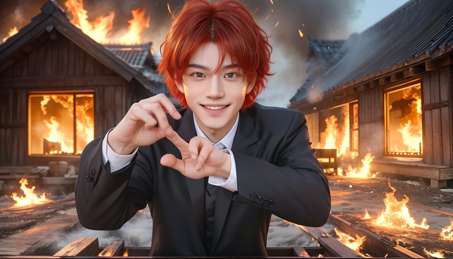 He has his characteristic hairstyle、Yellow eyes、And must have his distinctive smile。The background reflects his personality、Set up according to your usual environment。His pose and facial expressions are、Must be expressing his confidence and intelligence。bright red hairstyle, Burning wooden house in the background