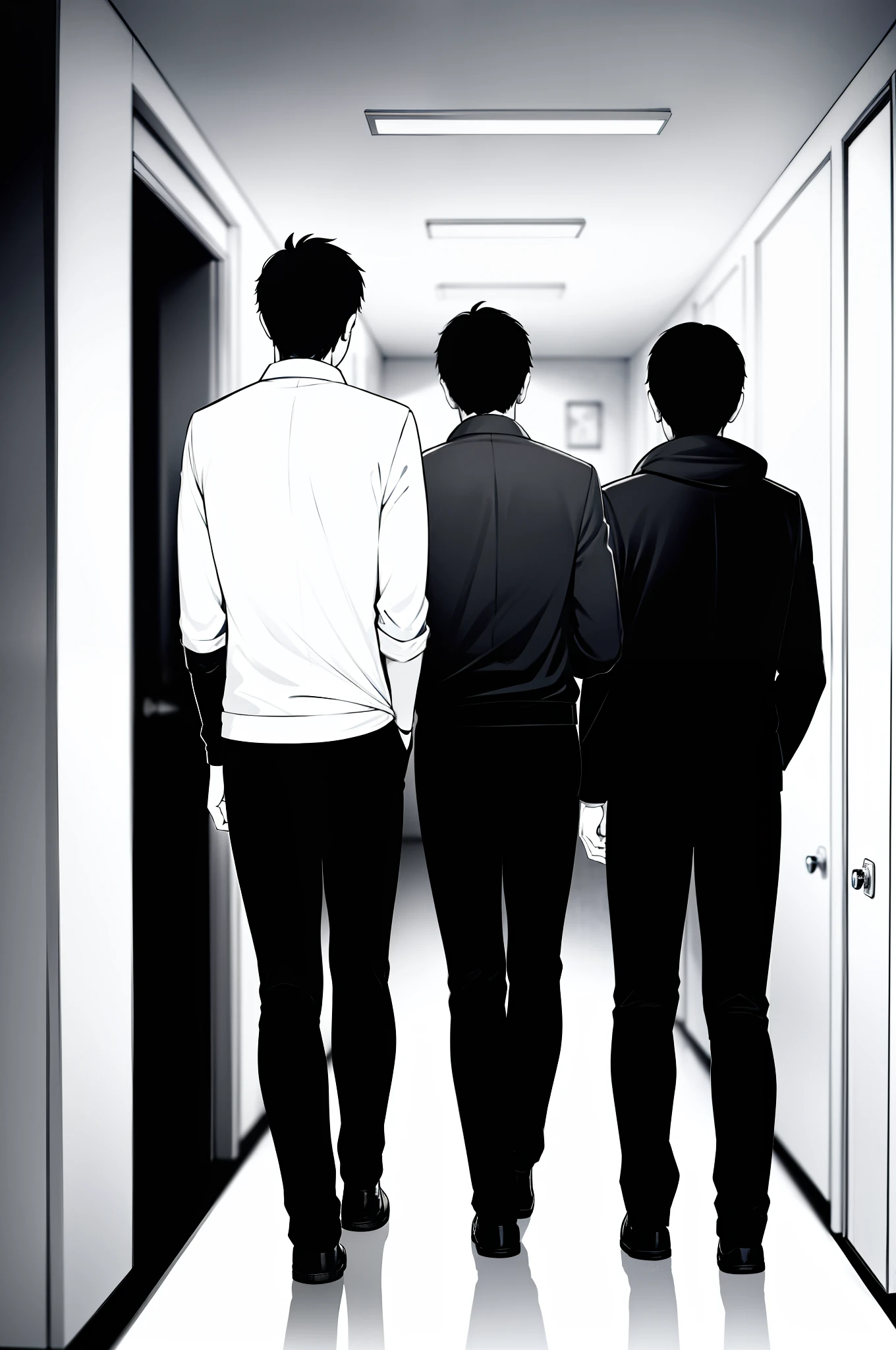 Three boys walking in the hallway of the room，One person wears a black hoodie，All with their backs to the camera